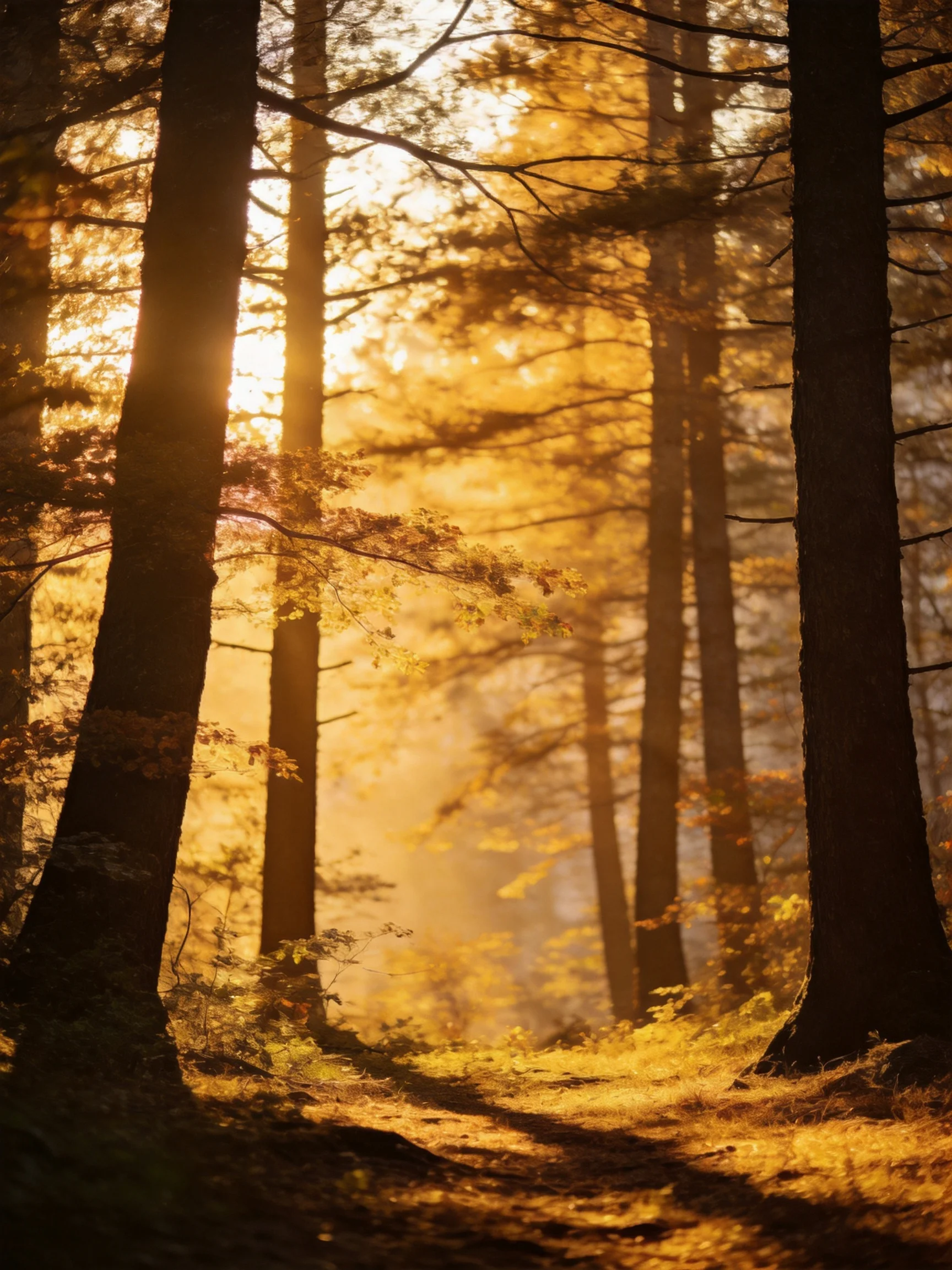 Golden sunlight streams through tall forest trees in misty woodland