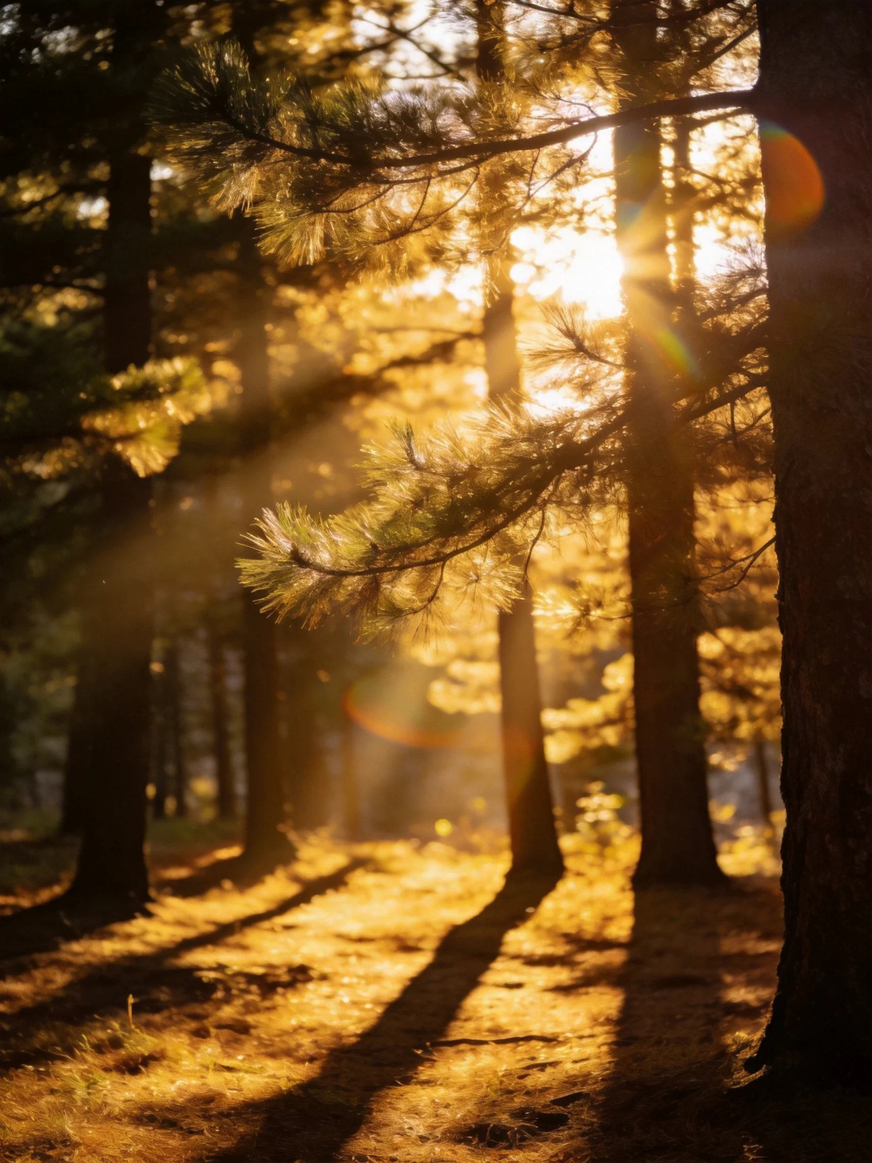 Golden sunlight streams through tall pine trees in a forest