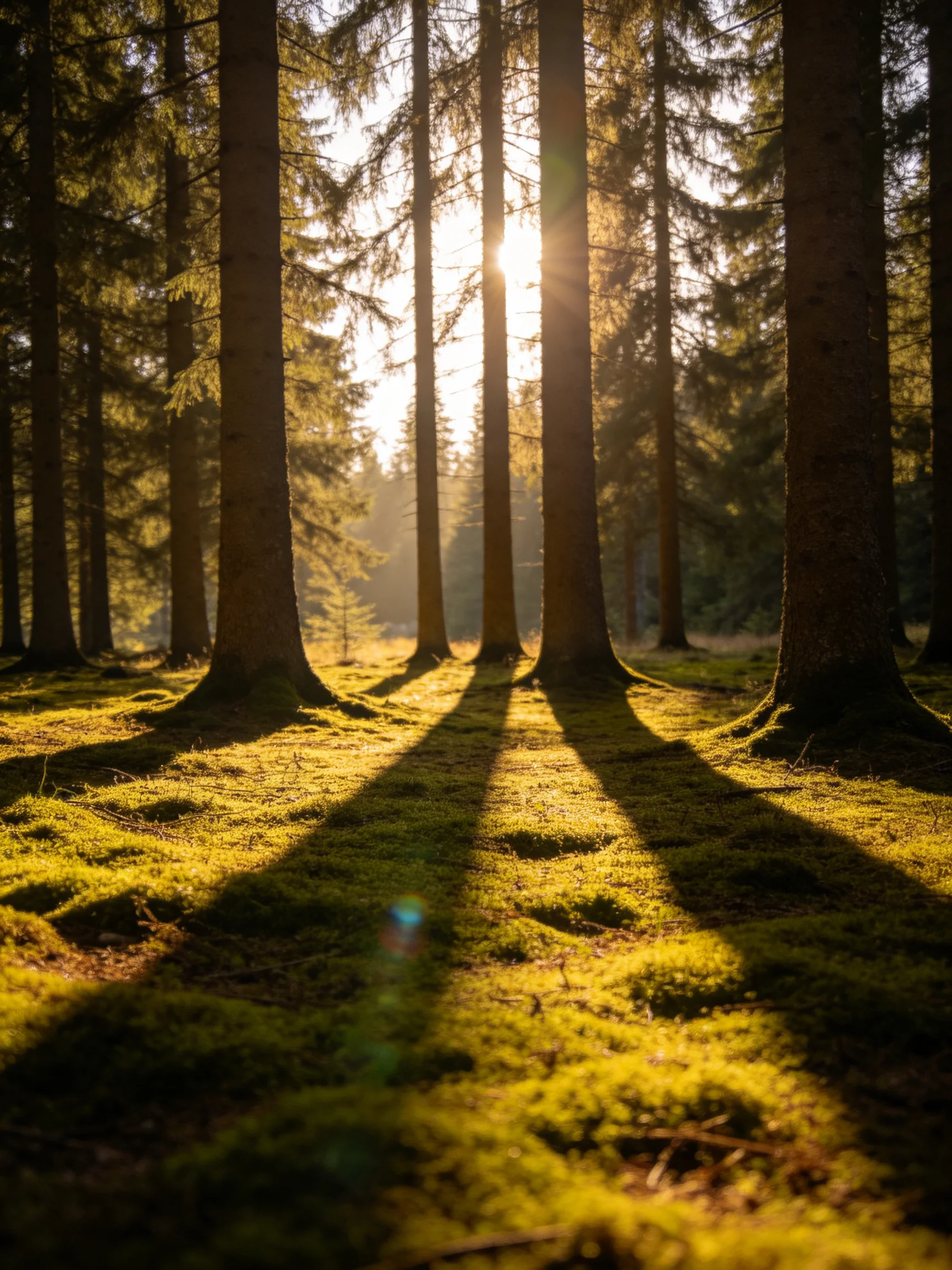 Golden sunlight streams through tall pine trees over mossy forest floor