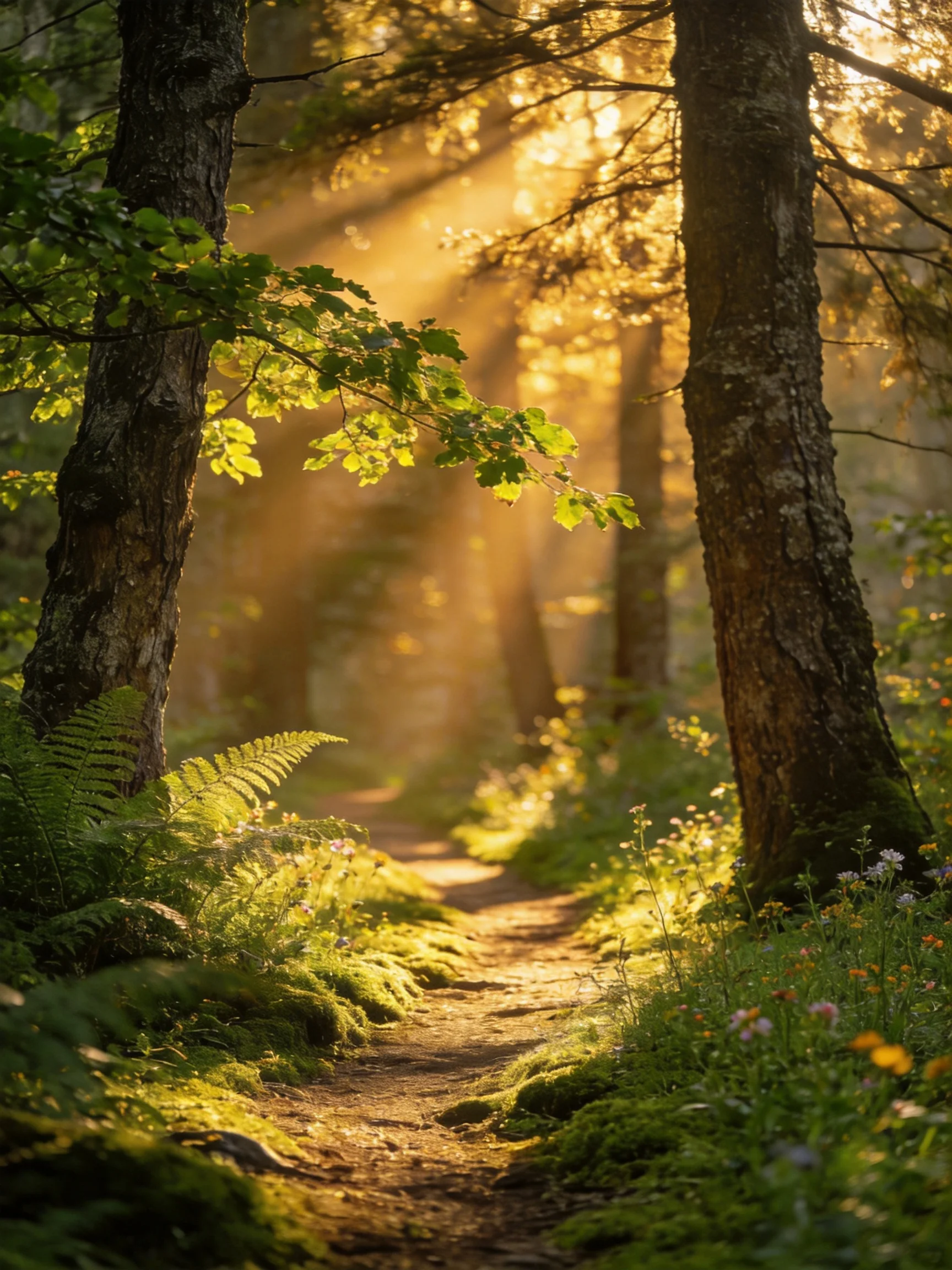 Golden sunlight streams through tall trees along a mossy forest trail