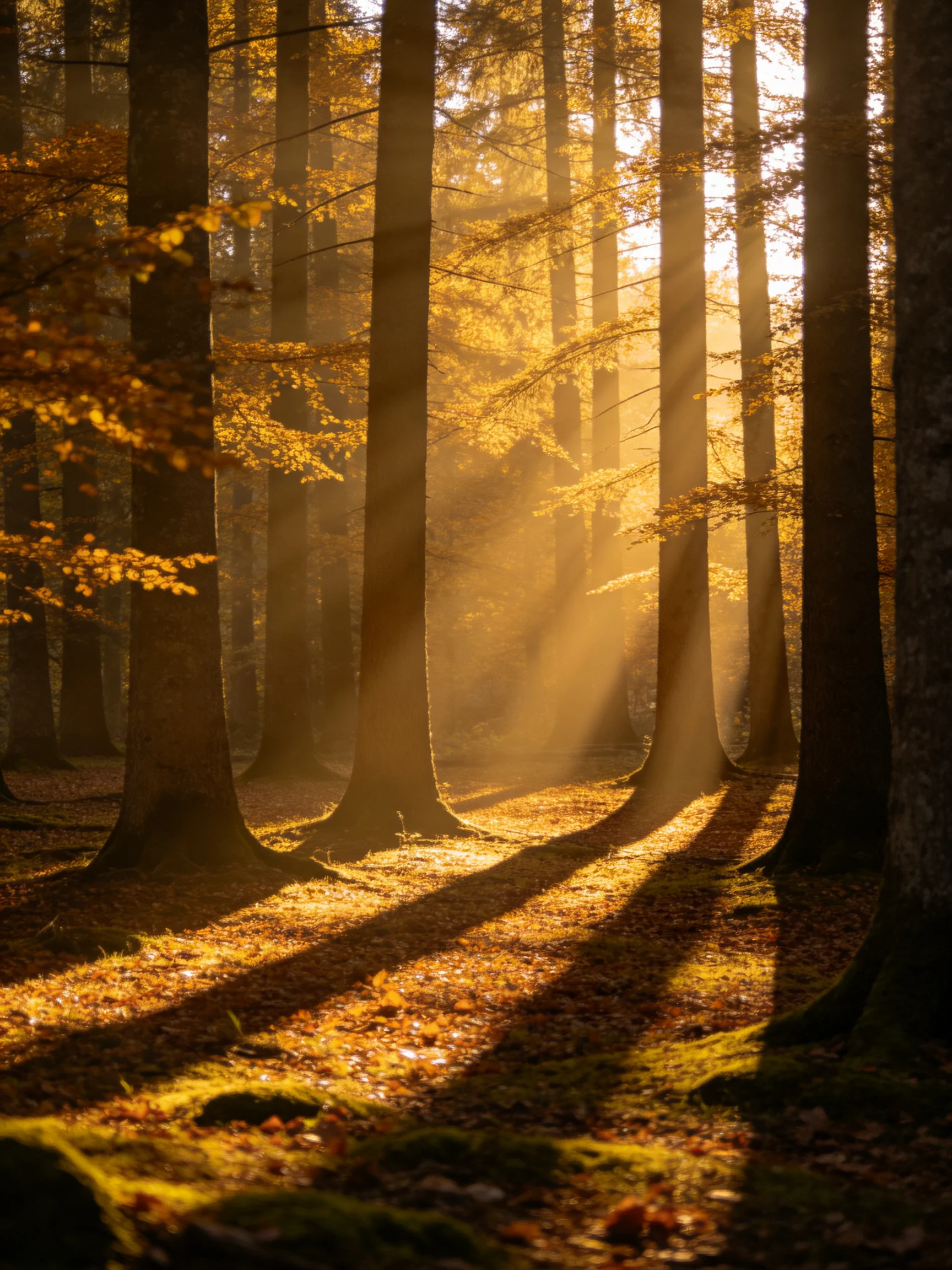 Golden sunlight streams through tall trees in autumn woodland