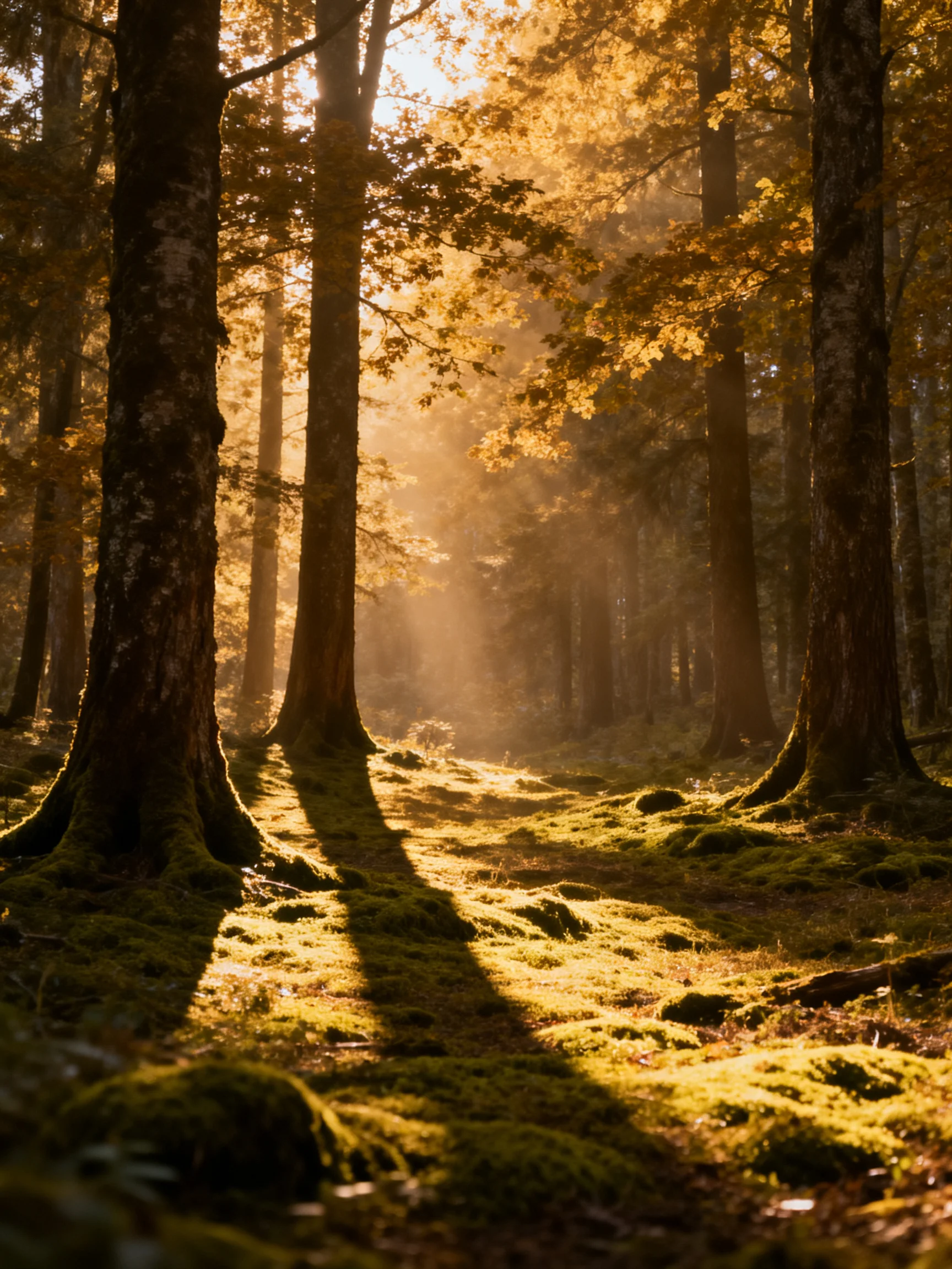 Golden sunlight streams through tall trees in moss-covered forest