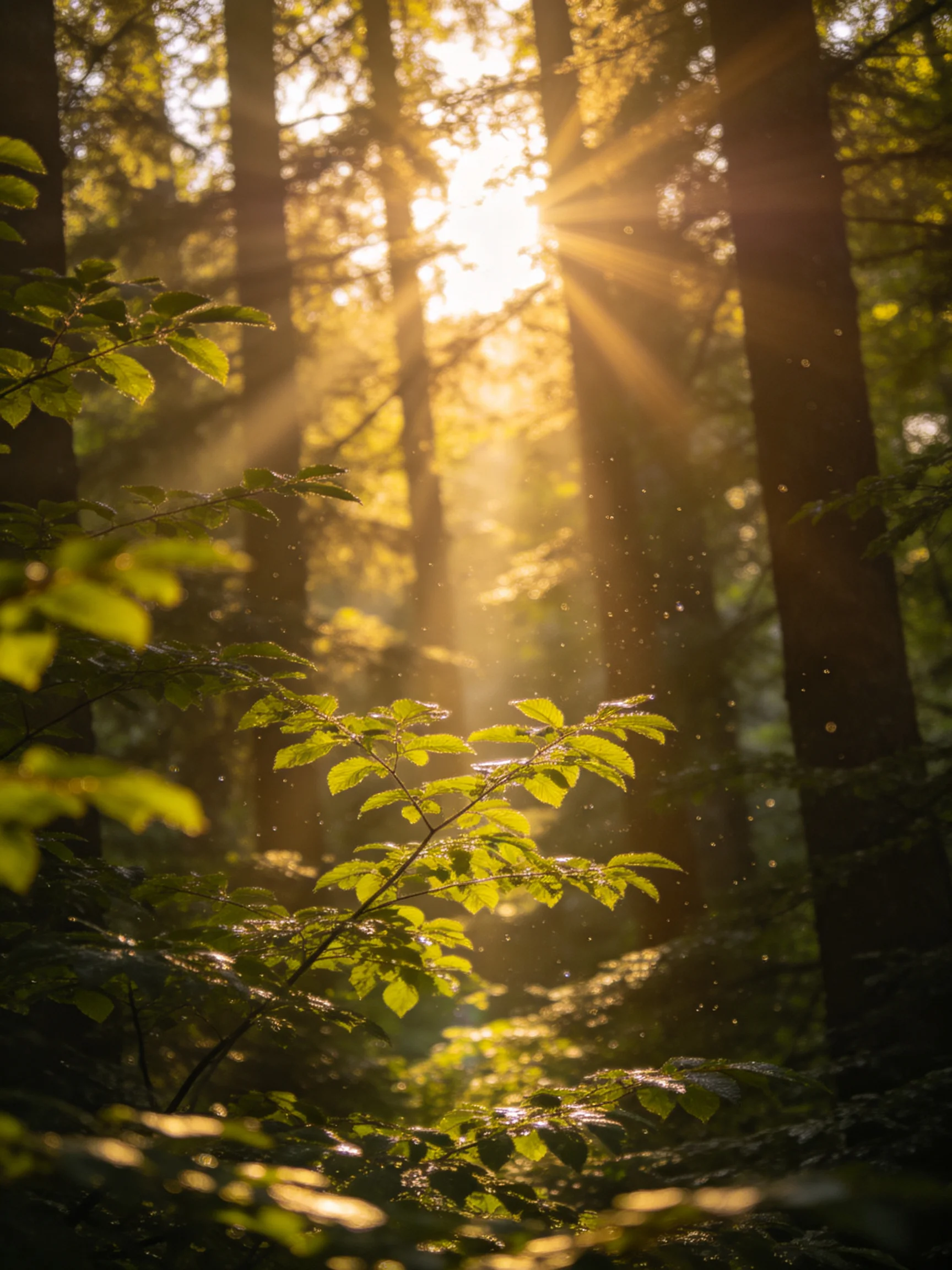 Golden sunlight streams through tall trees into a lush green forest