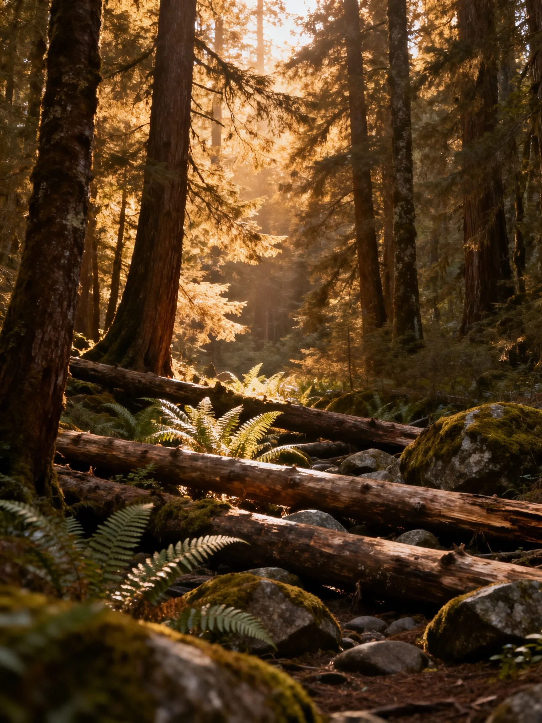 Golden sunlight streams through towering forest trees with fallen logs and ferns