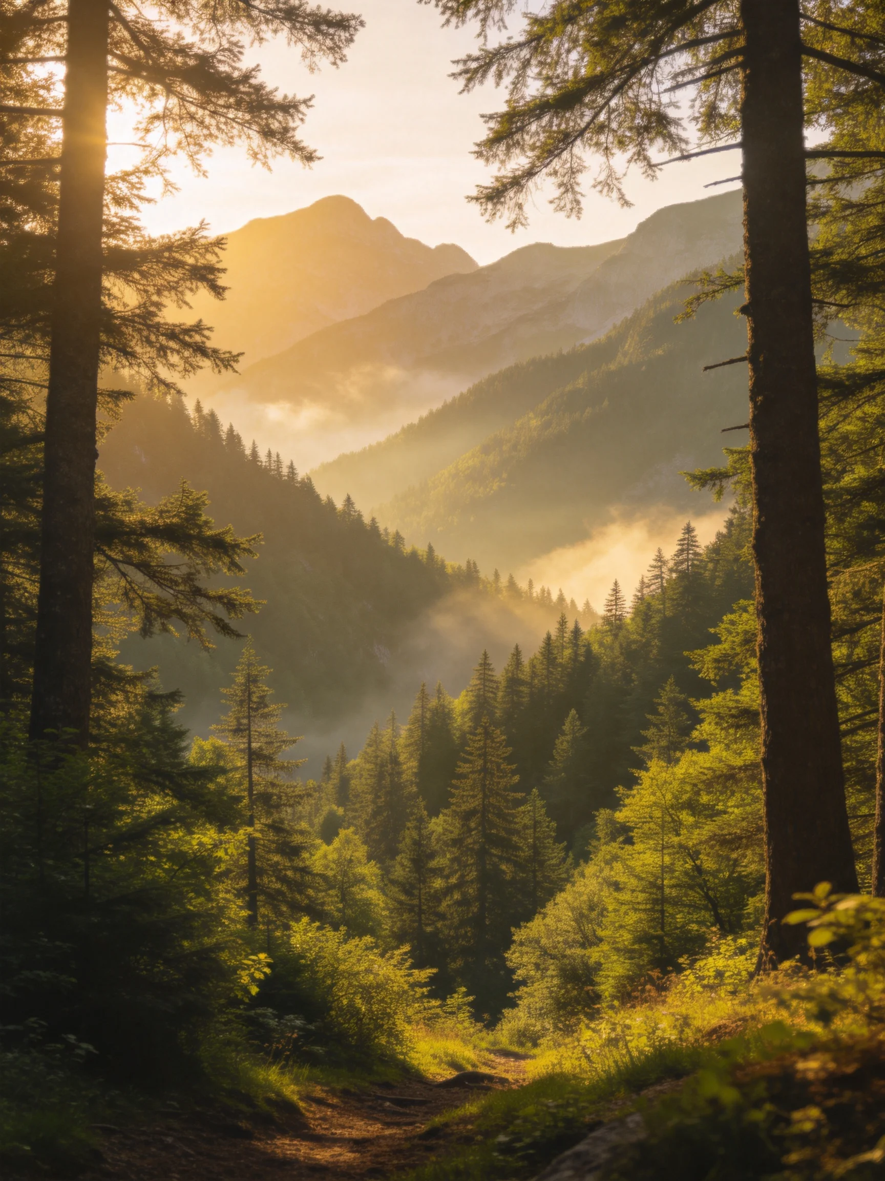 Golden sunrise illuminates a lush forest with misty mountain backdrop