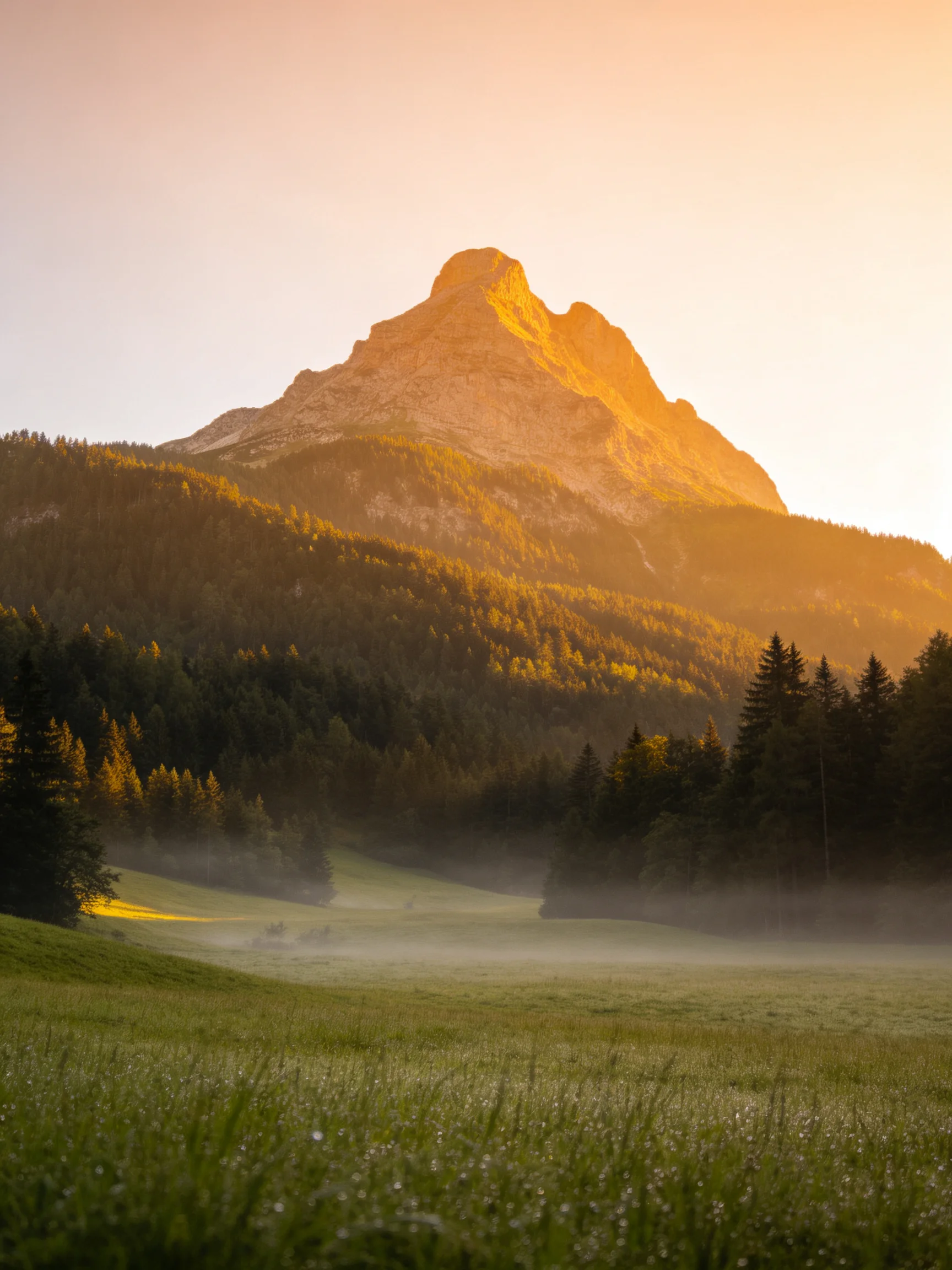 Golden sunrise illuminates a rugged mountain peak with dense forests and misty meadows