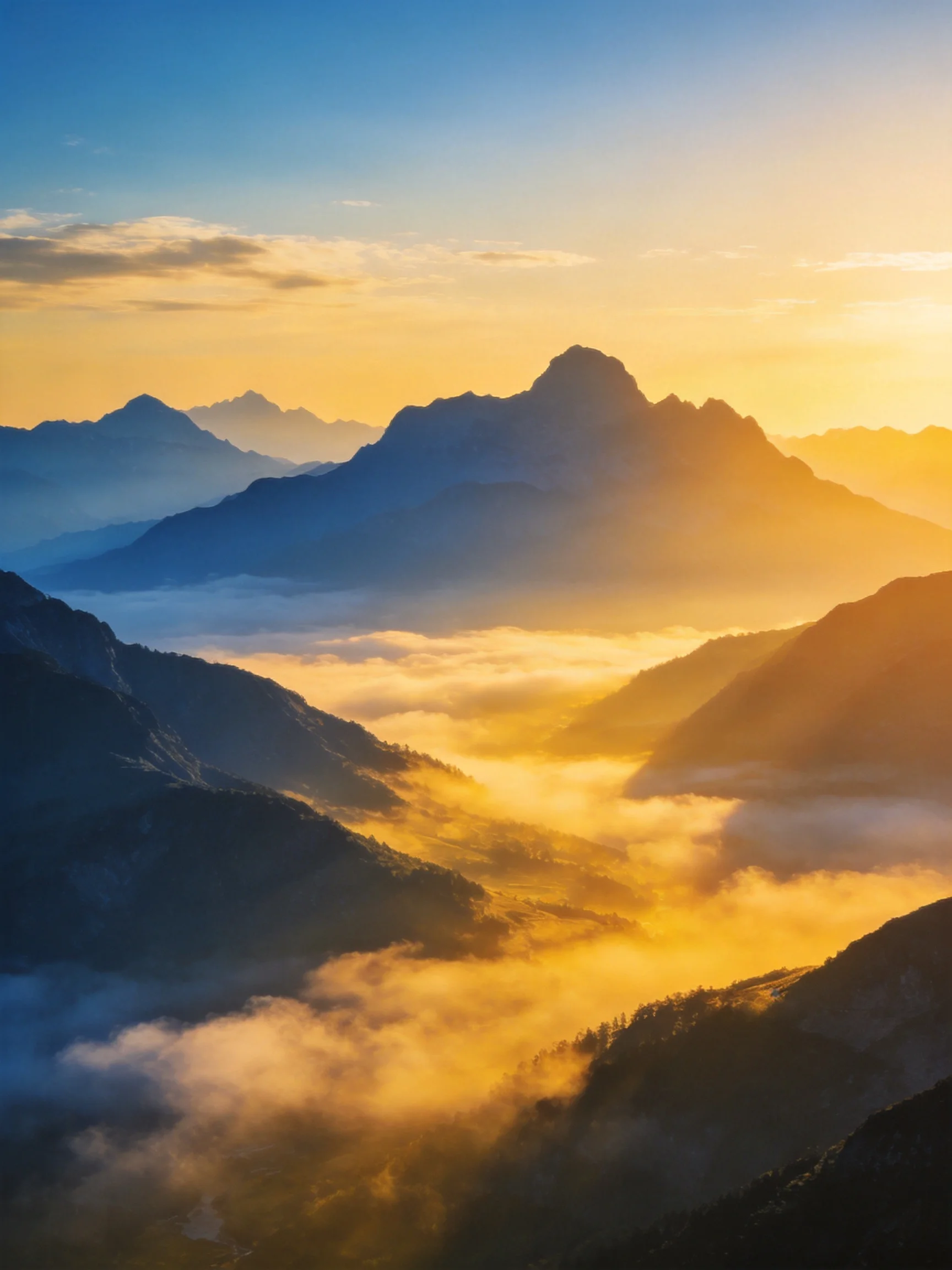 Golden sunrise illuminates layered mountain peaks with misty valley clouds