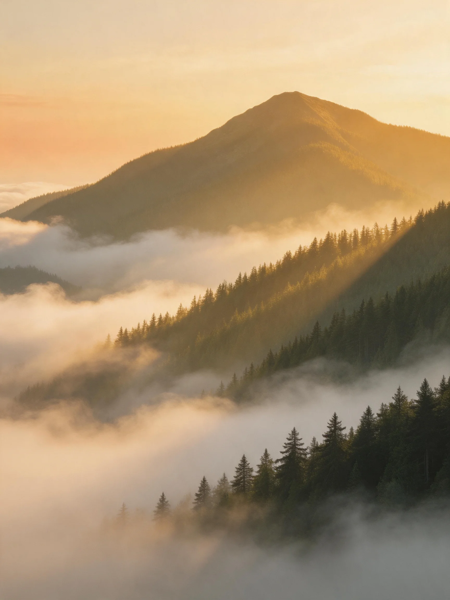 Golden sunrise illuminates misty mountain peaks with evergreen forests