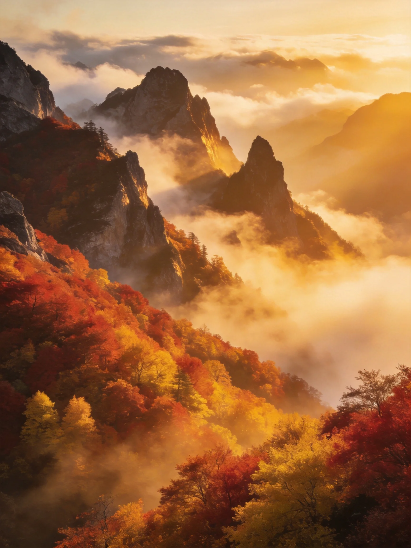 Golden sunrise illuminates vibrant autumn mountain peaks with misty valleys