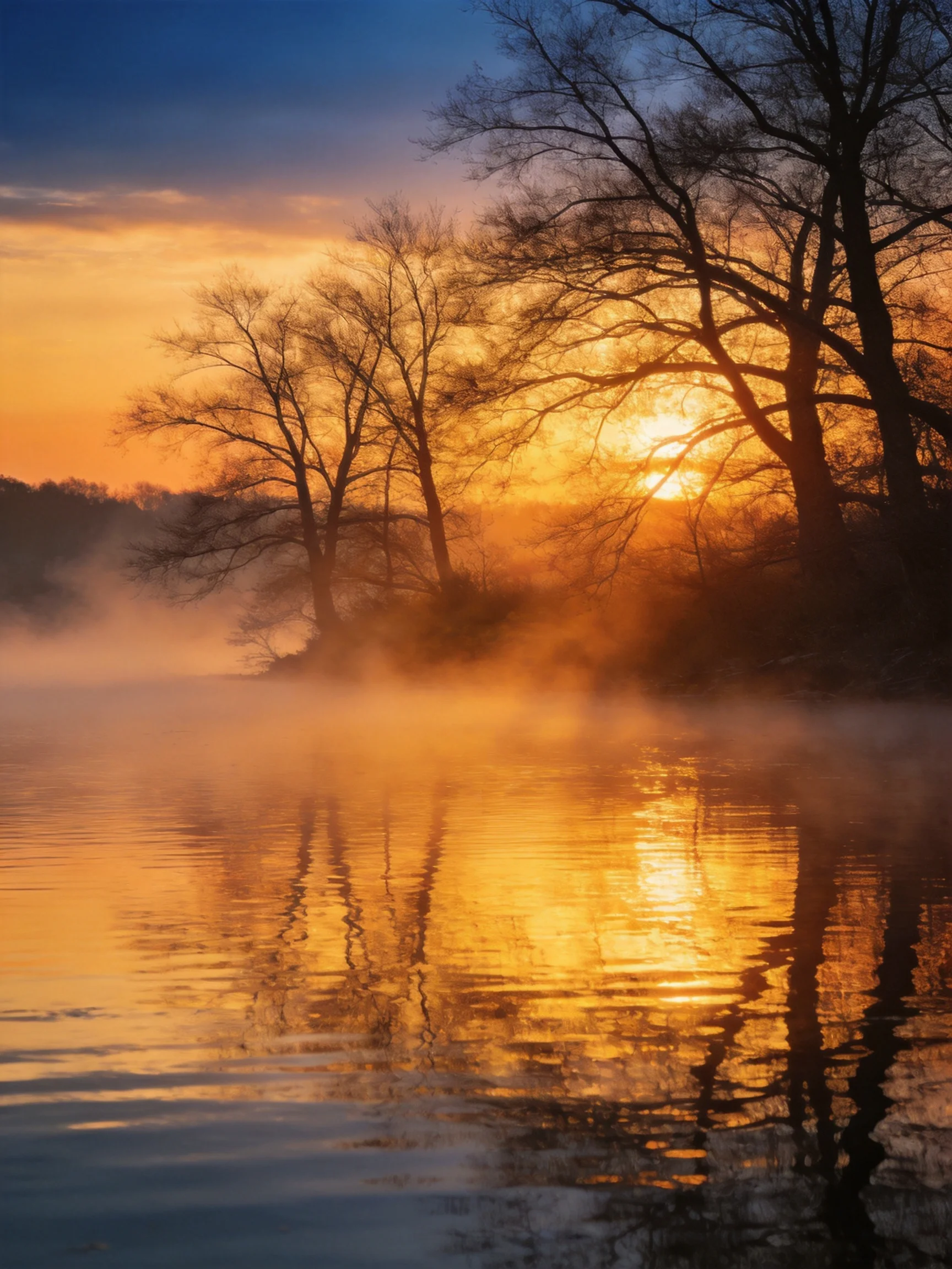 Golden sunrise over calm waters with silhouetted bare trees and morning mist