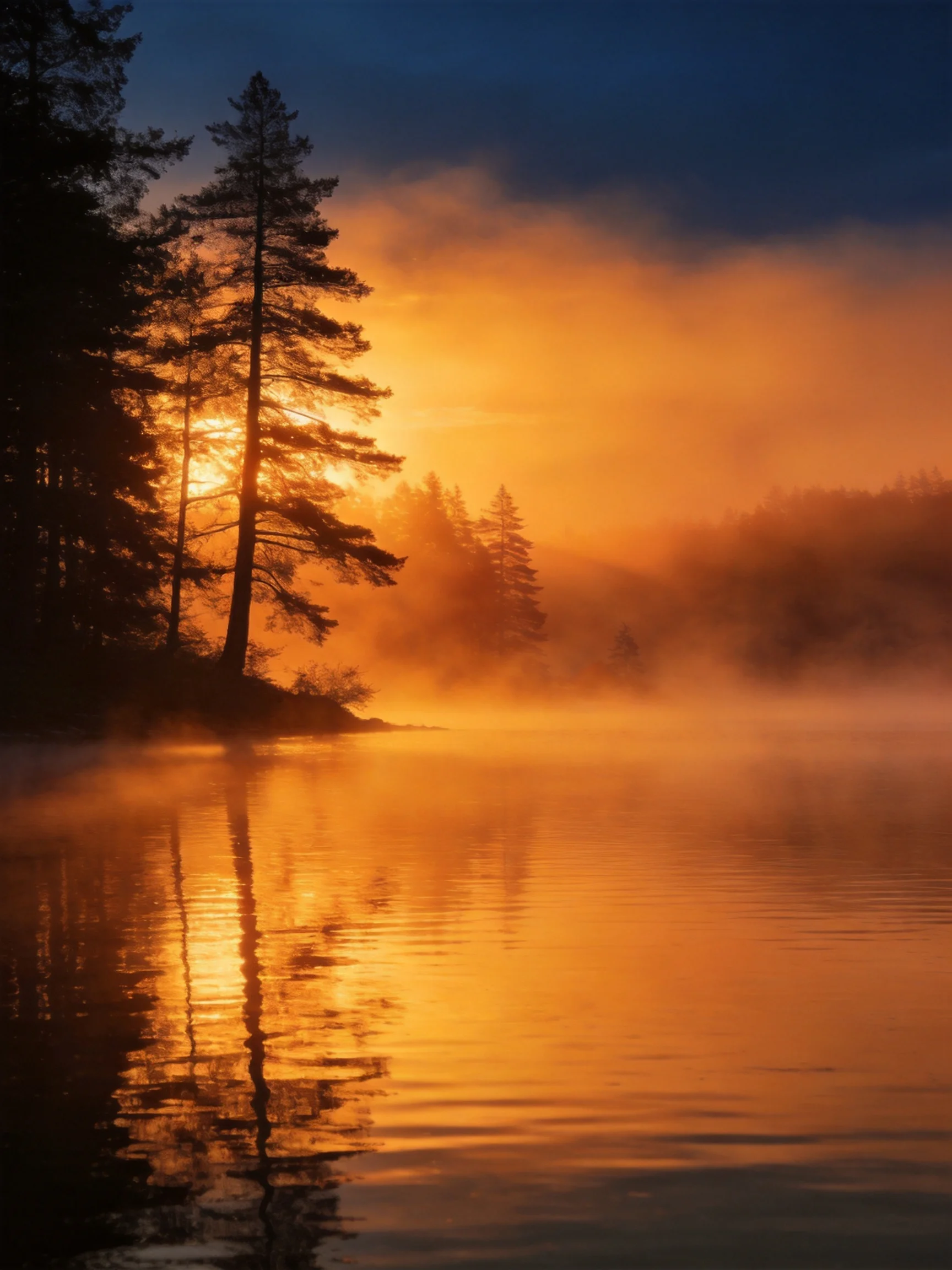 Golden sunrise over misty lake with silhouetted pine trees