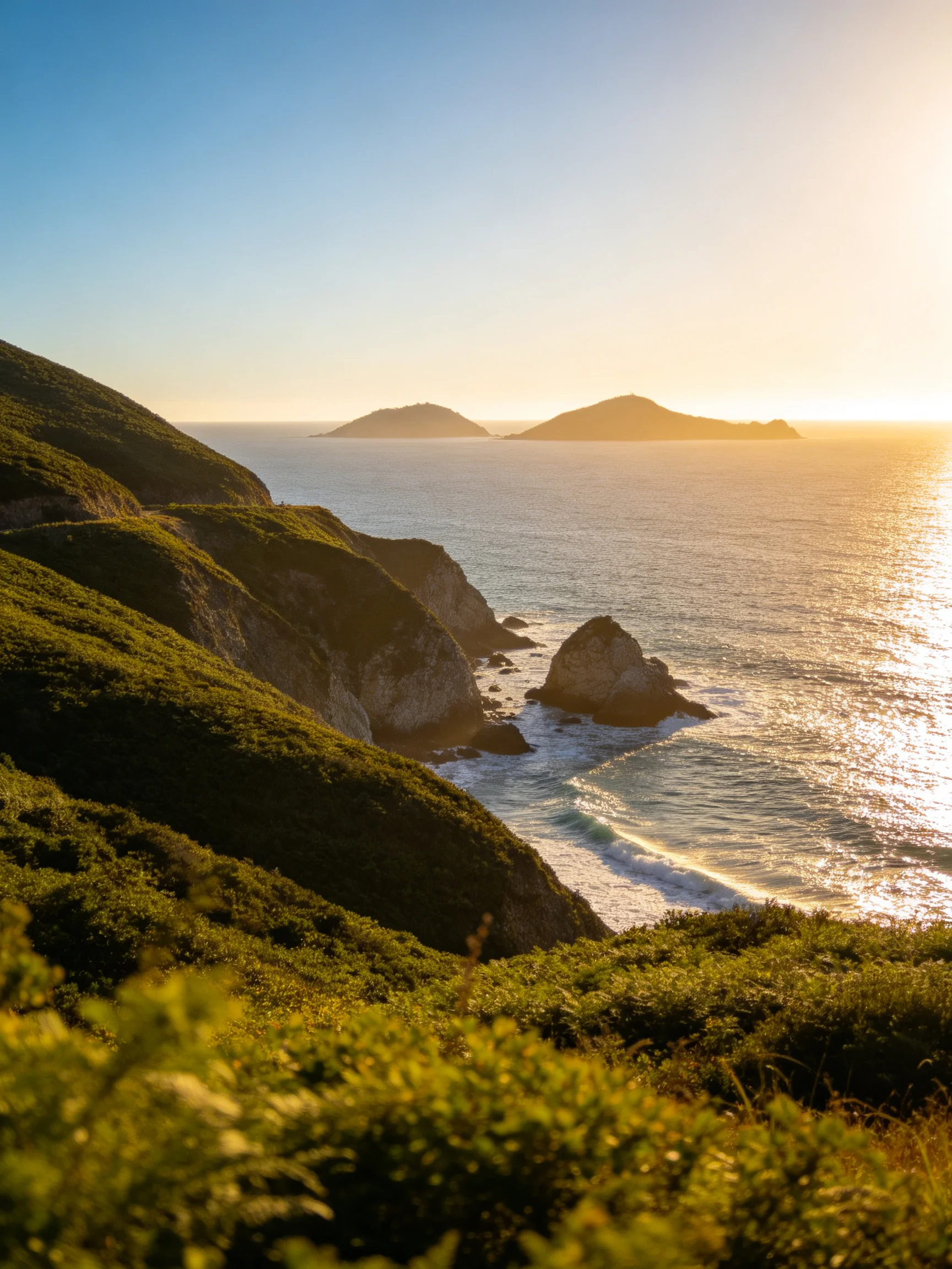 Golden sunset illuminates rugged coastal cliffs and distant islands