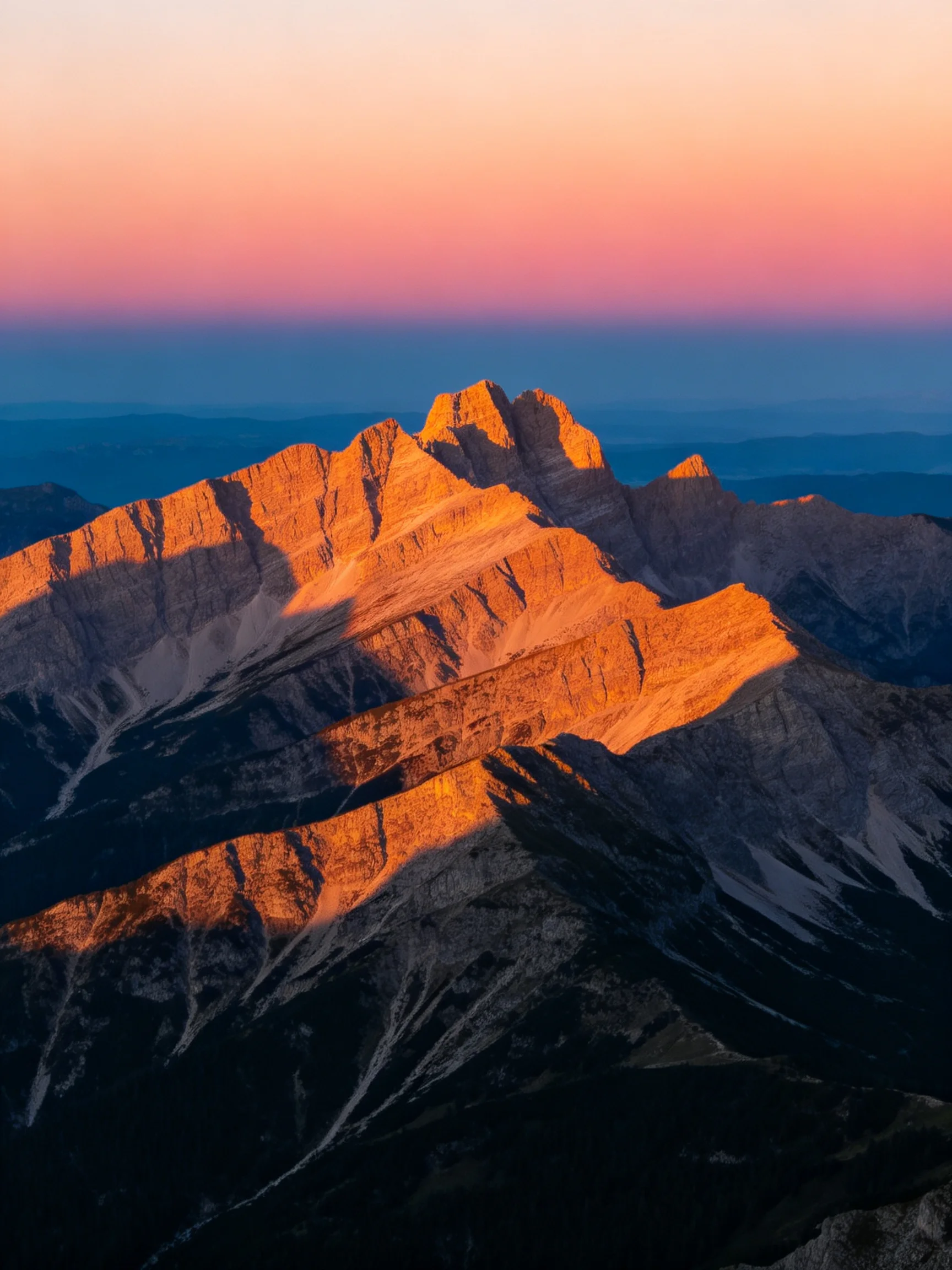Golden sunset illuminates rugged mountain peaks with colorful sky