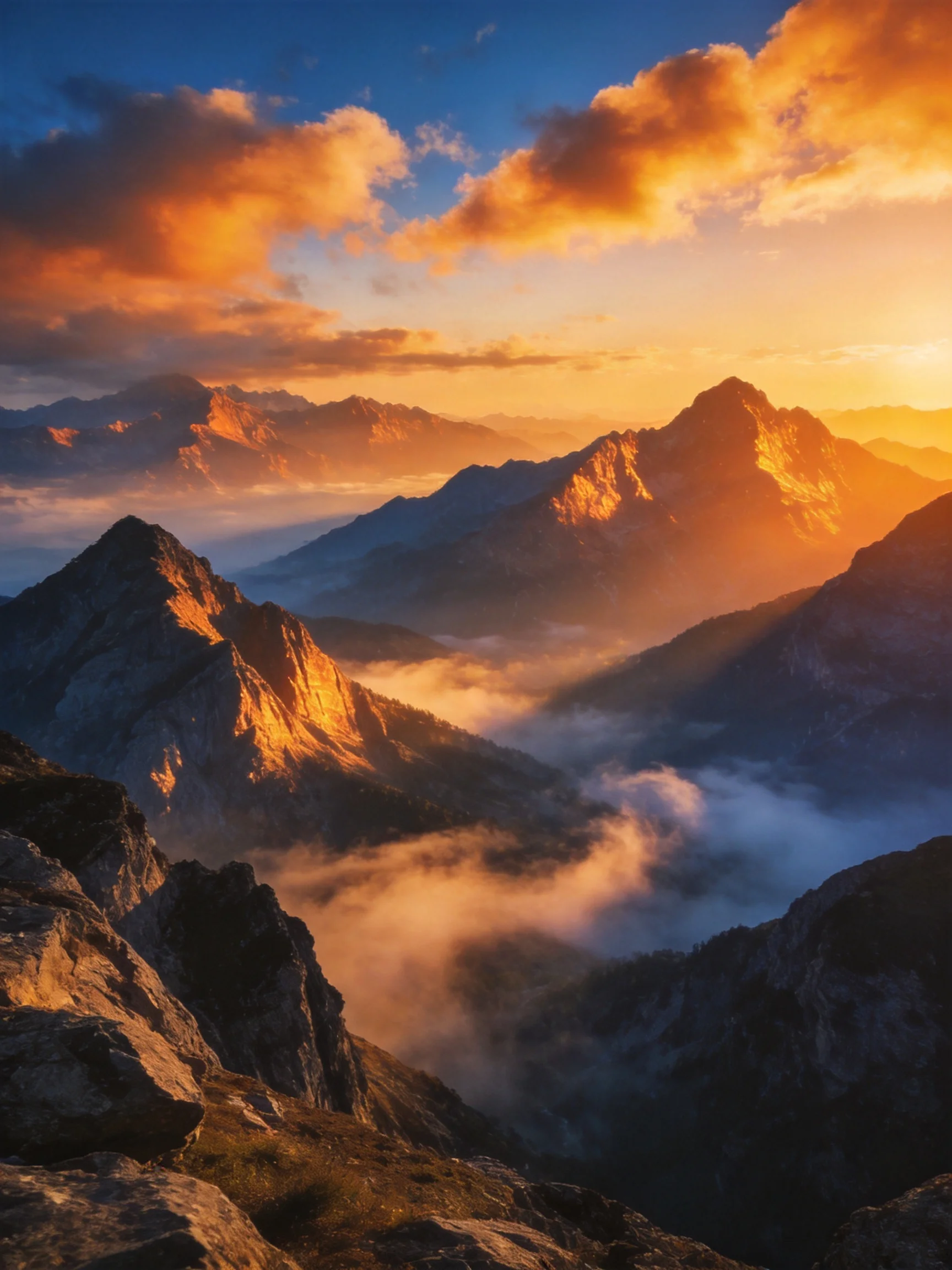 Golden sunset illuminates rugged mountain peaks with misty valleys