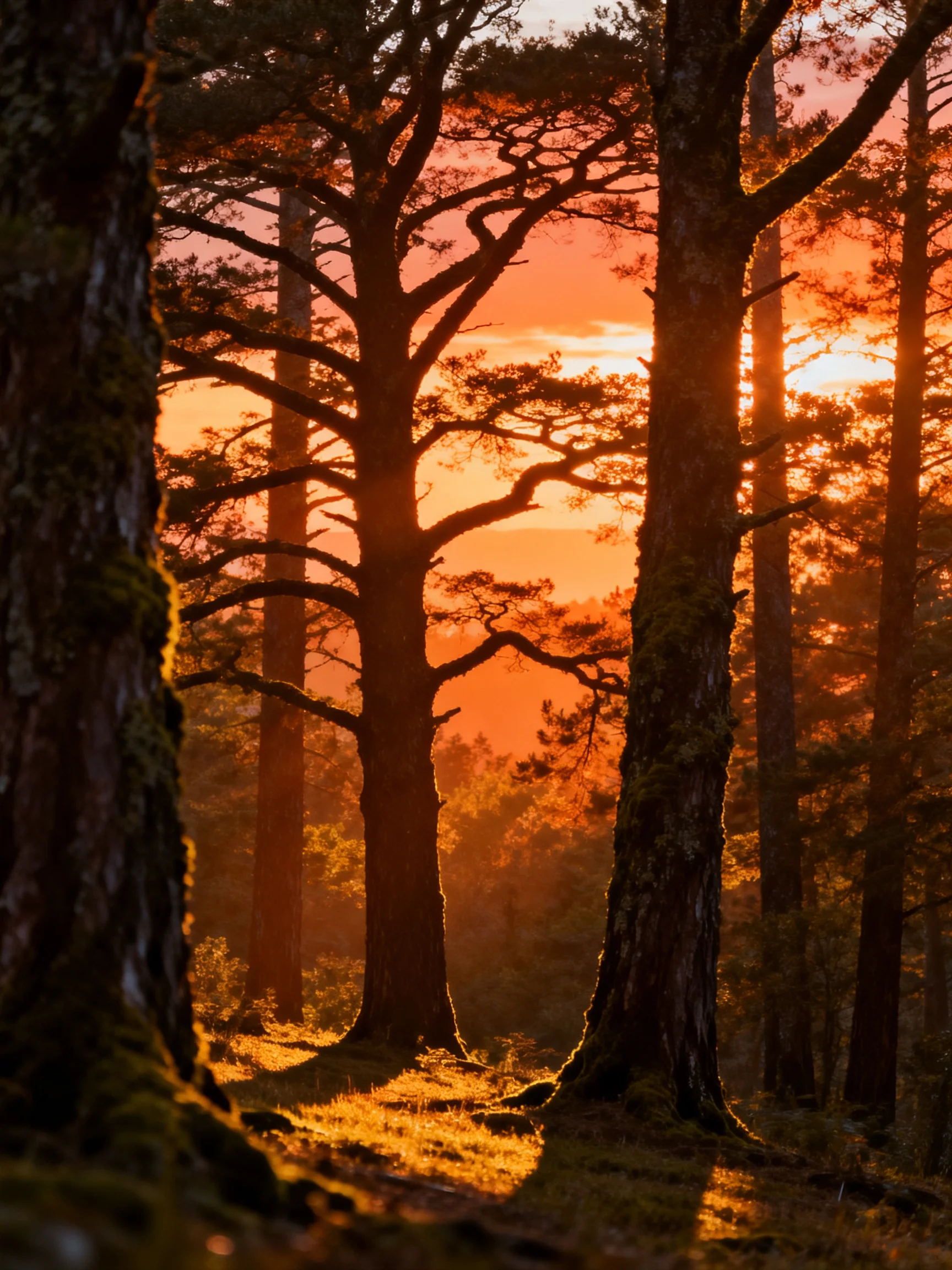 Golden sunset illuminates tall forest trees with mossy trunks