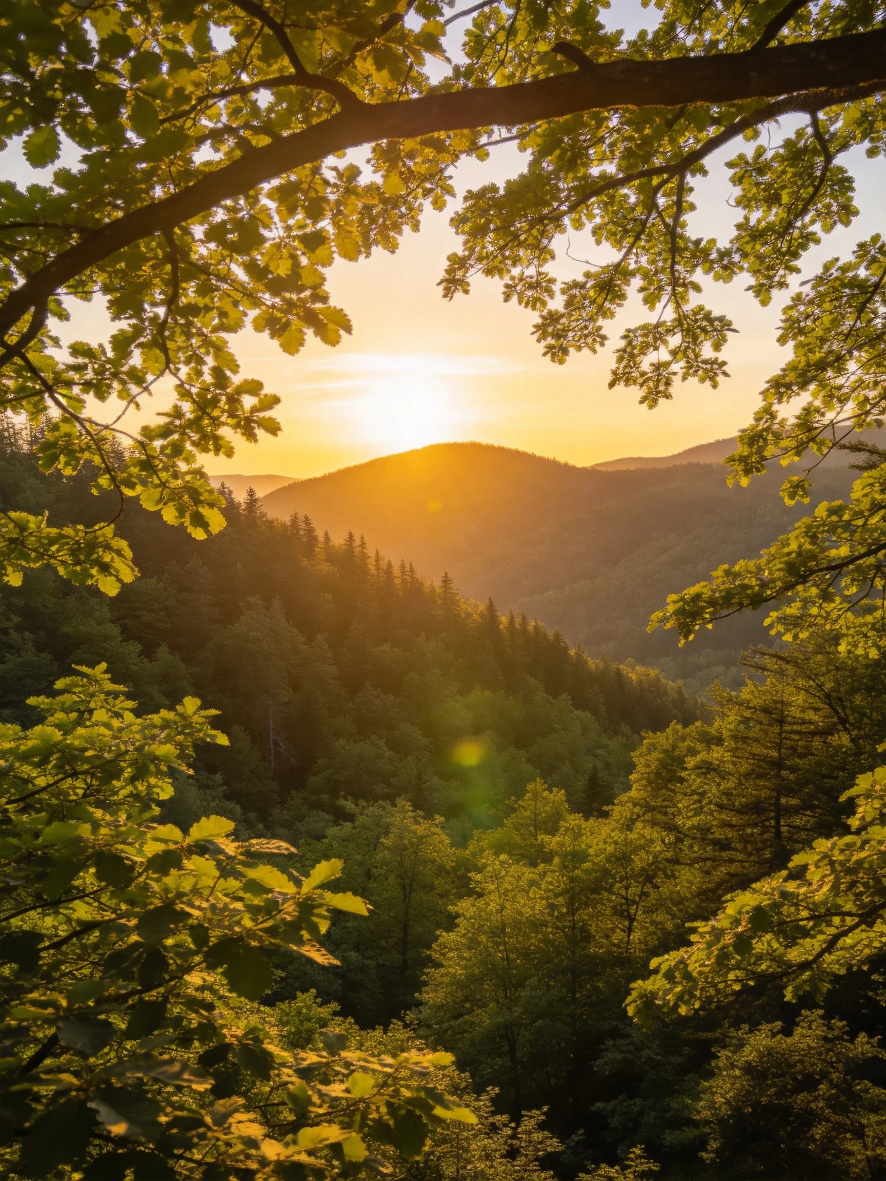 Golden sunset over forested mountainous terrain with lush greenery