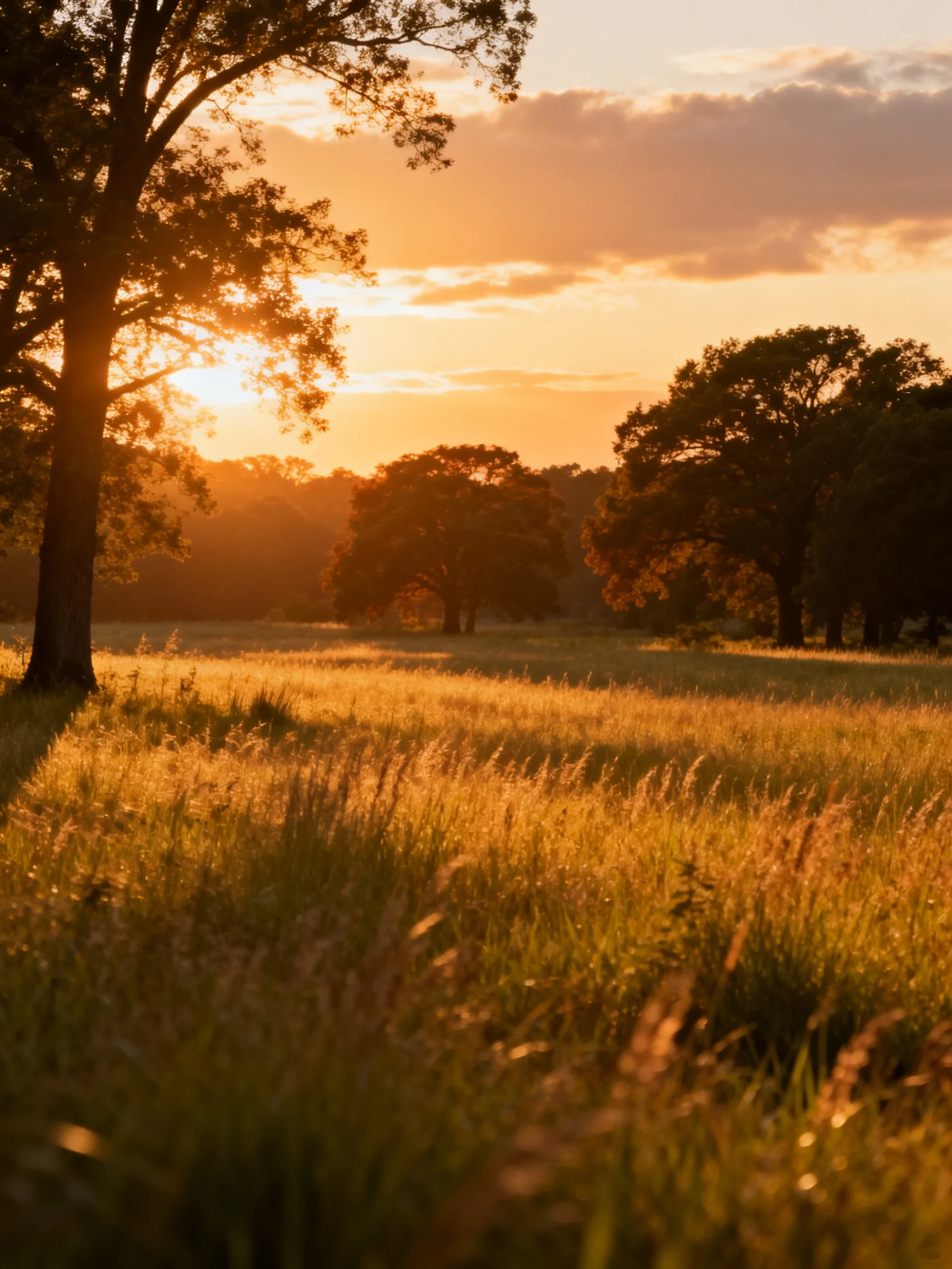 Golden sunset over sprawling field with tall trees