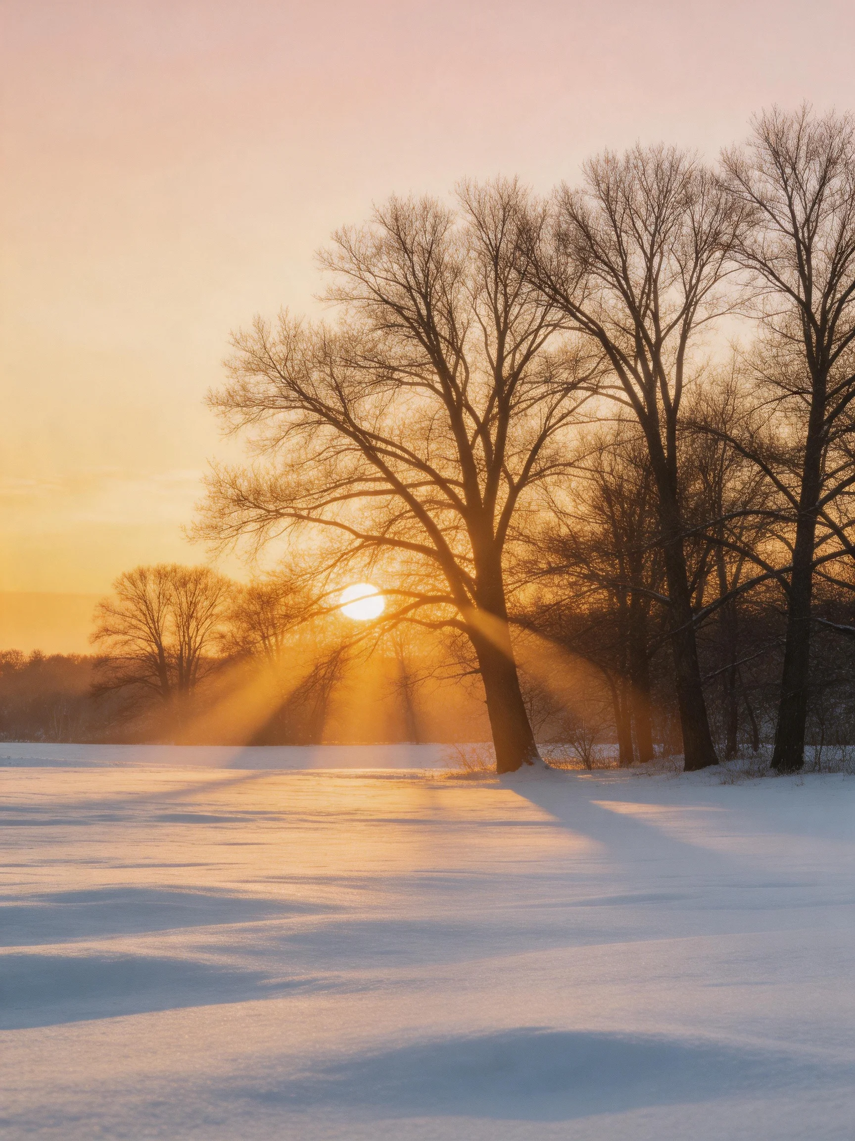 Golden sunset through bare trees over snow - covered field