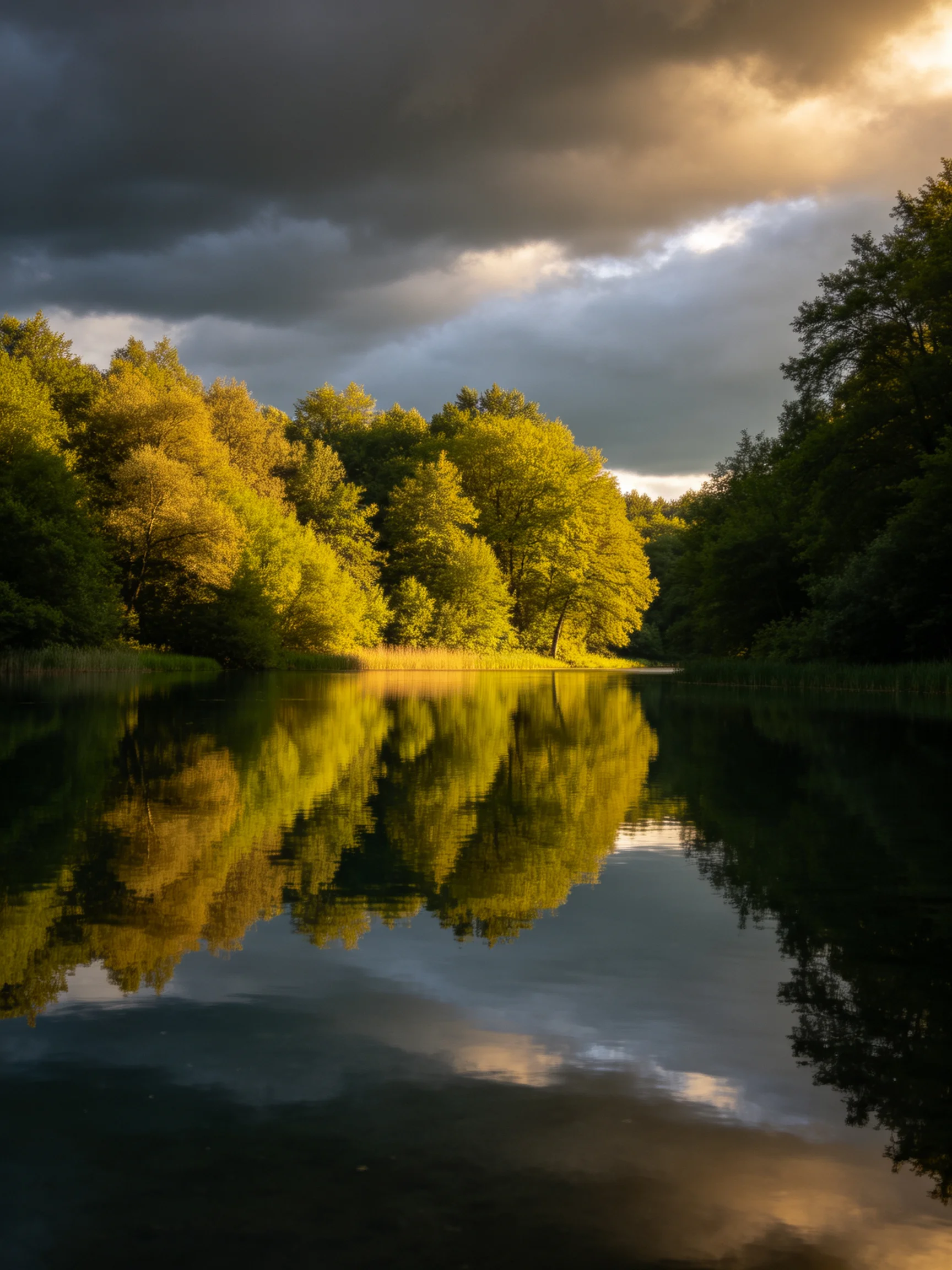 Golden trees reflect in calm water beneath stormy, dark clouds