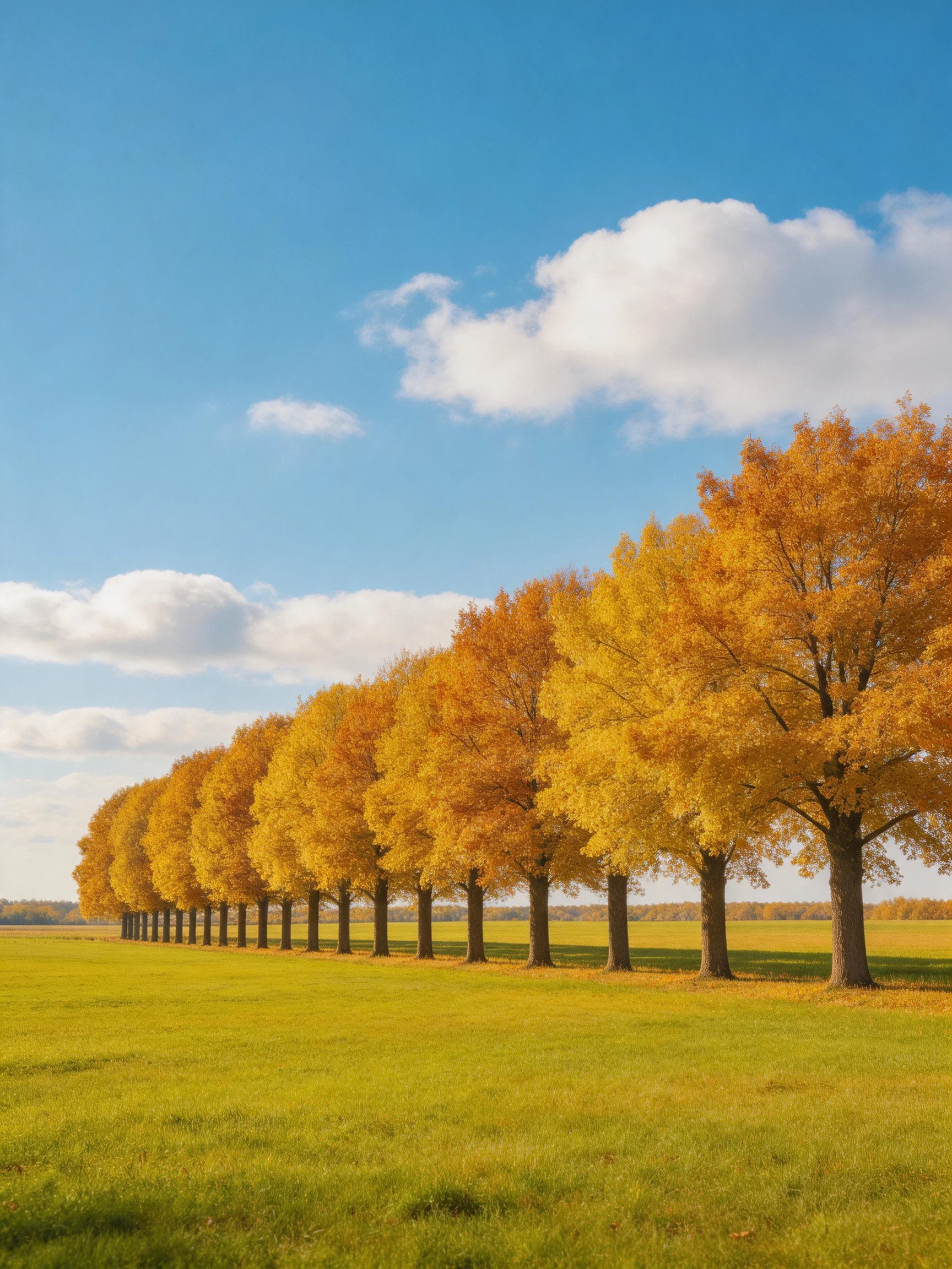 Golden trees stand in a green field under a bright blue sky with white clouds