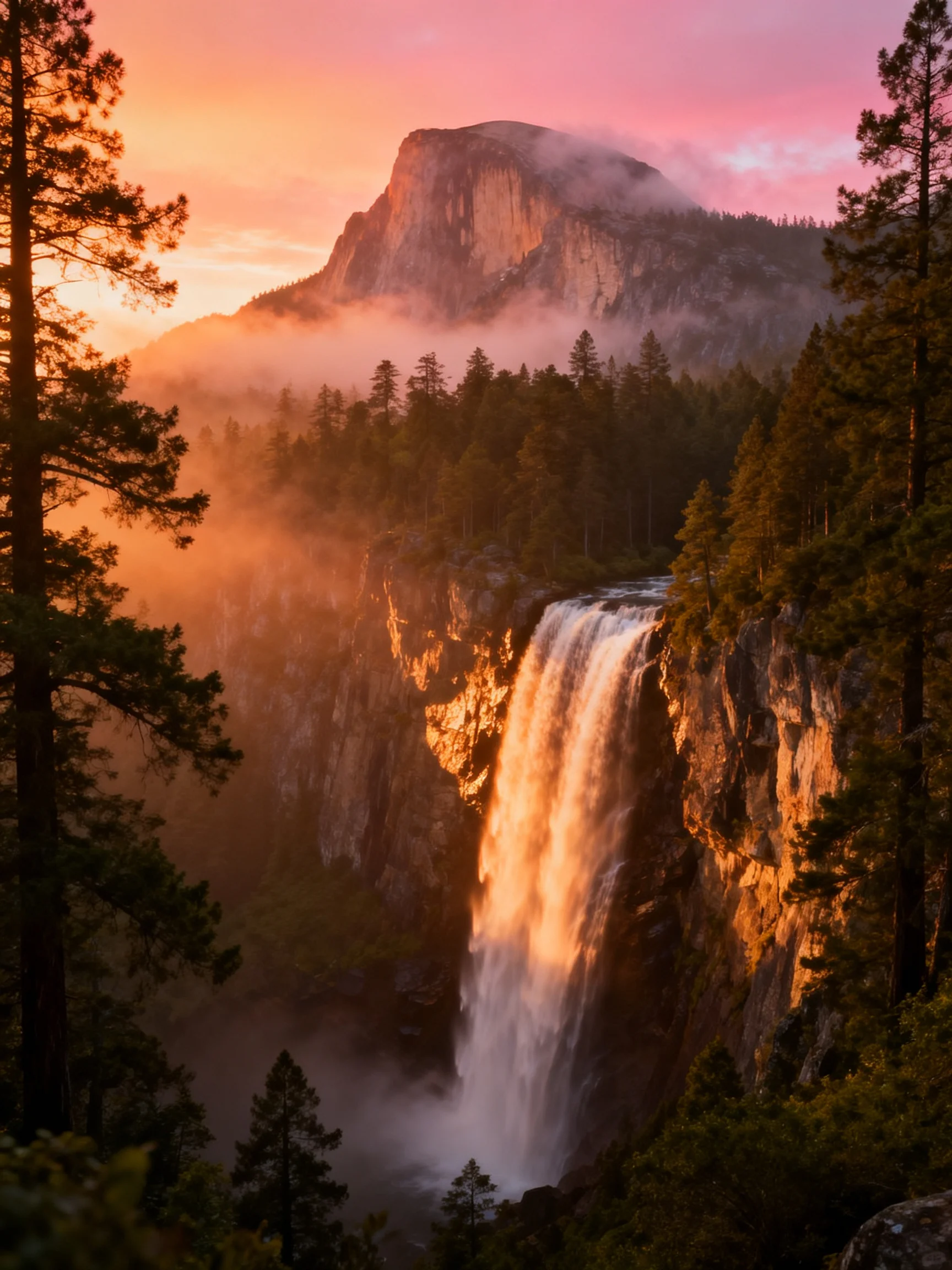 Golden waterfall near mist-covered mountain under pink sunset sky