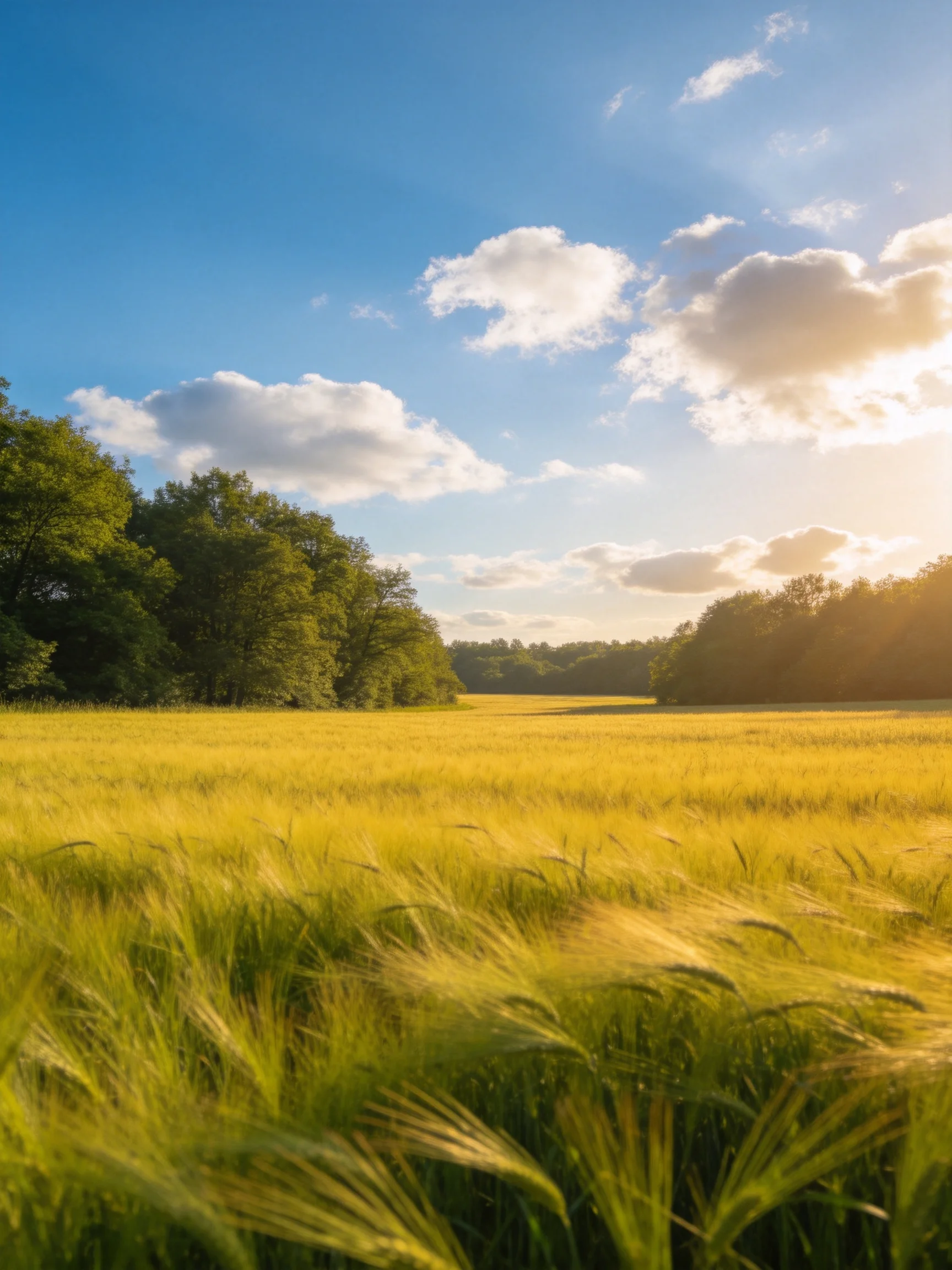 Golden wheat field under bright blue sky with fluffy white clouds