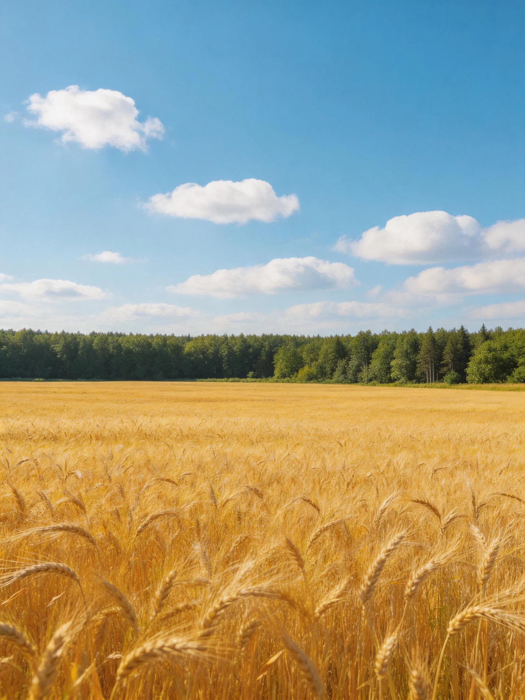 Golden wheat field under bright blue sky with scattered white clouds