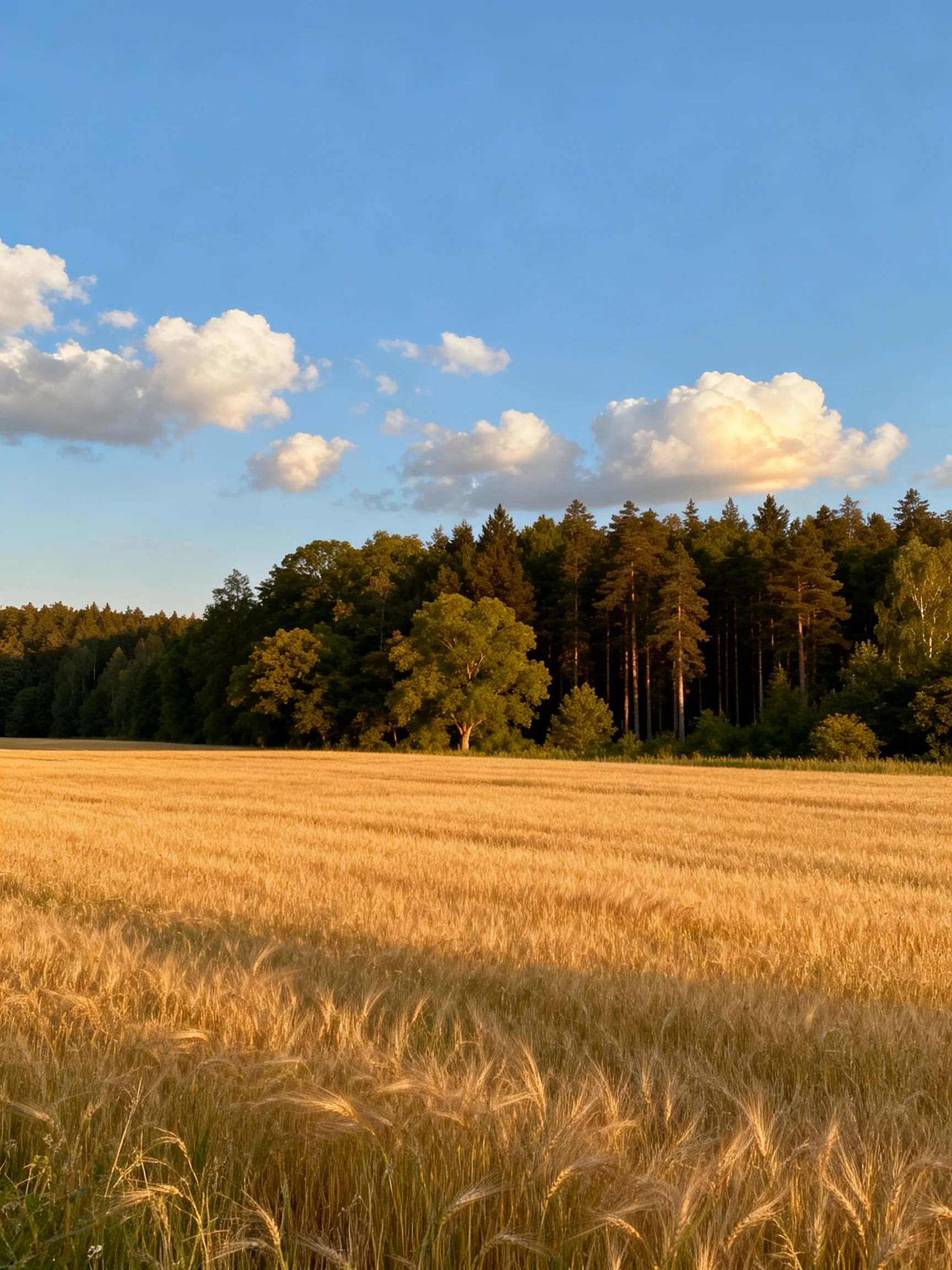Golden wheat field with dense green forest under clear blue sky