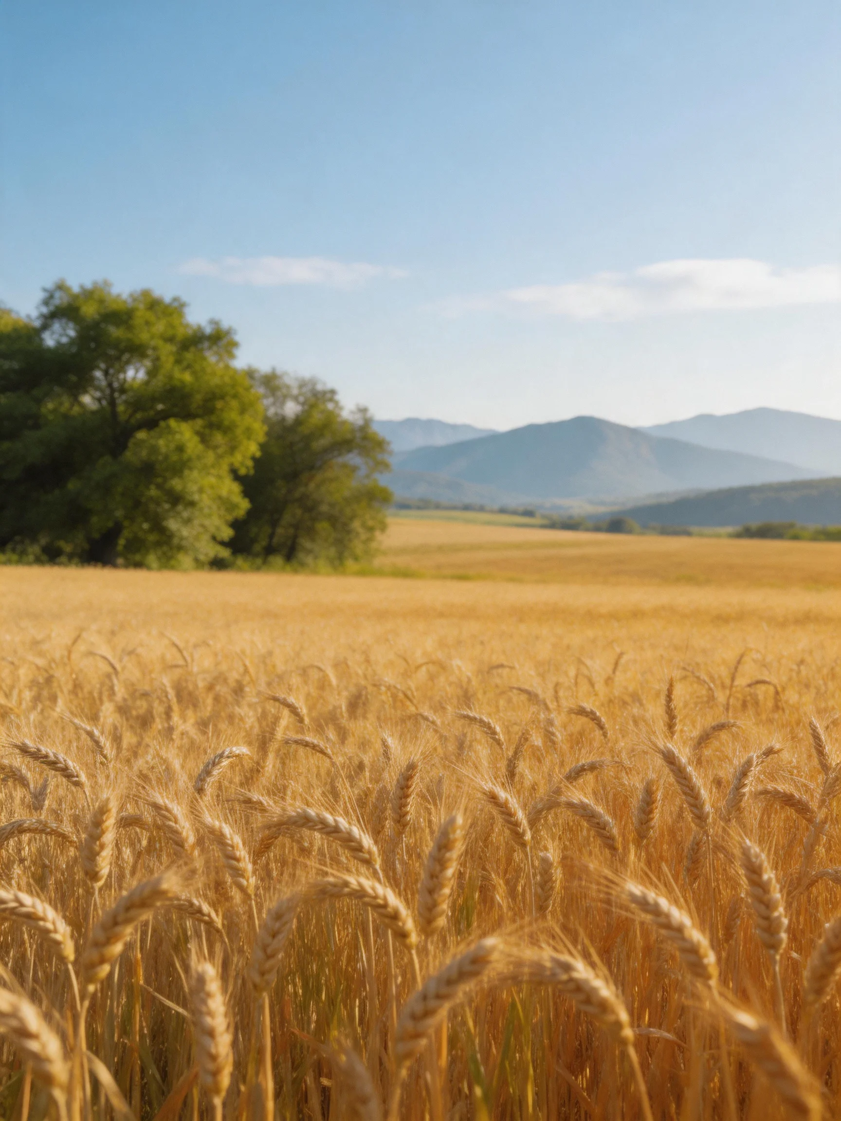 Golden wheat field with lush green trees and distant blue mountains