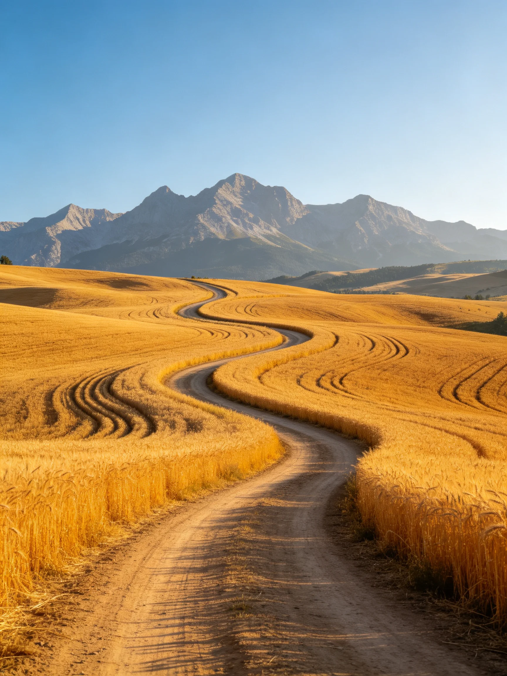 Golden wheat fields with a winding dirt path near mountain peaks