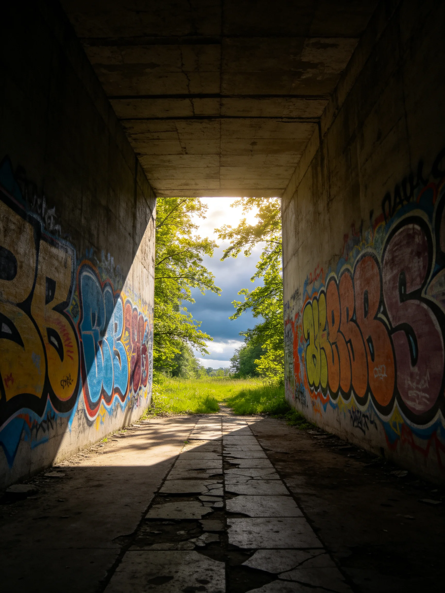Graffiti-Covered Concrete Tunnel Leading to Sunlit Greenery