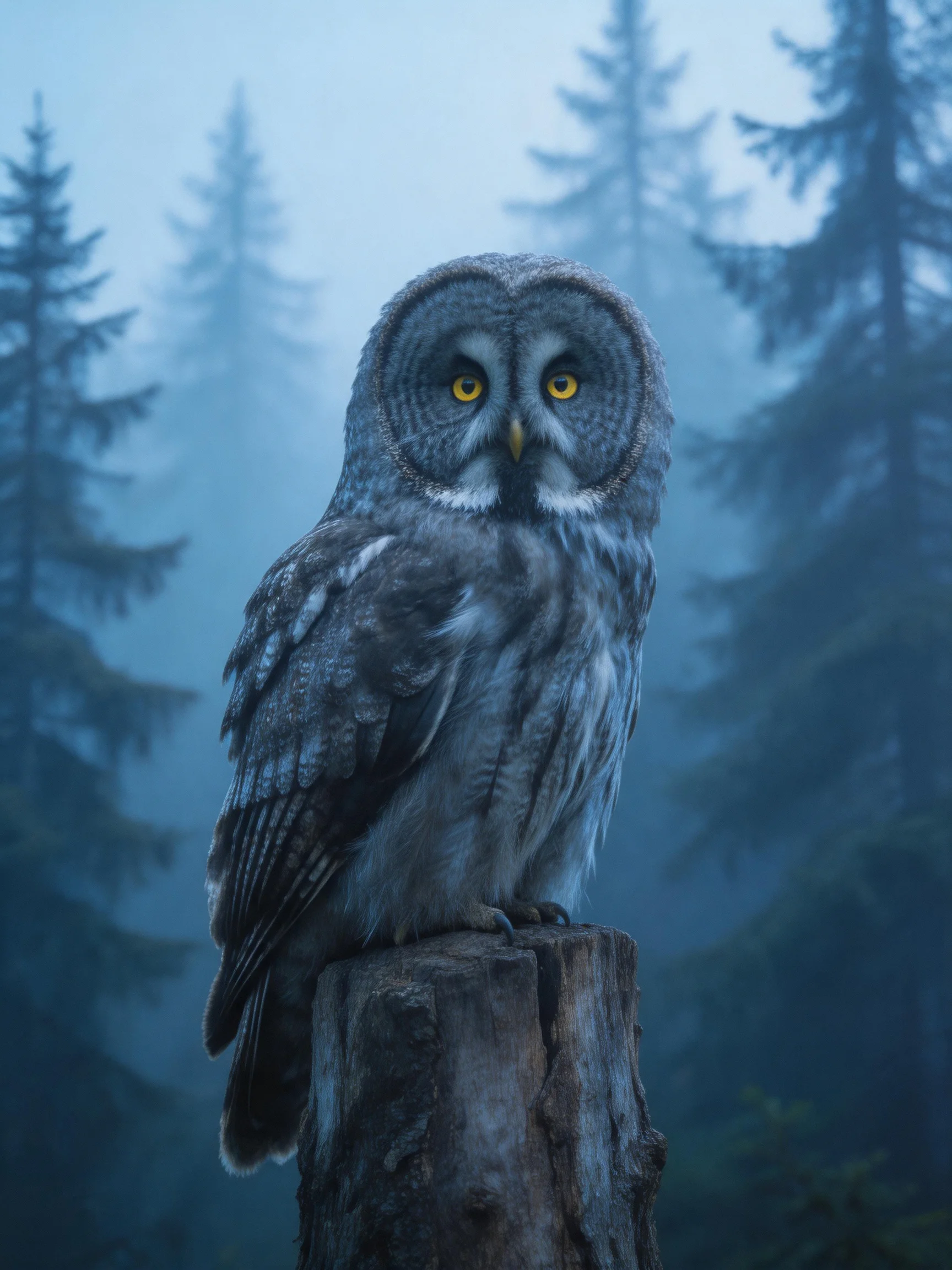 Great Gray Owl Perched on a Weathered Wooden Post in a Misty Forest