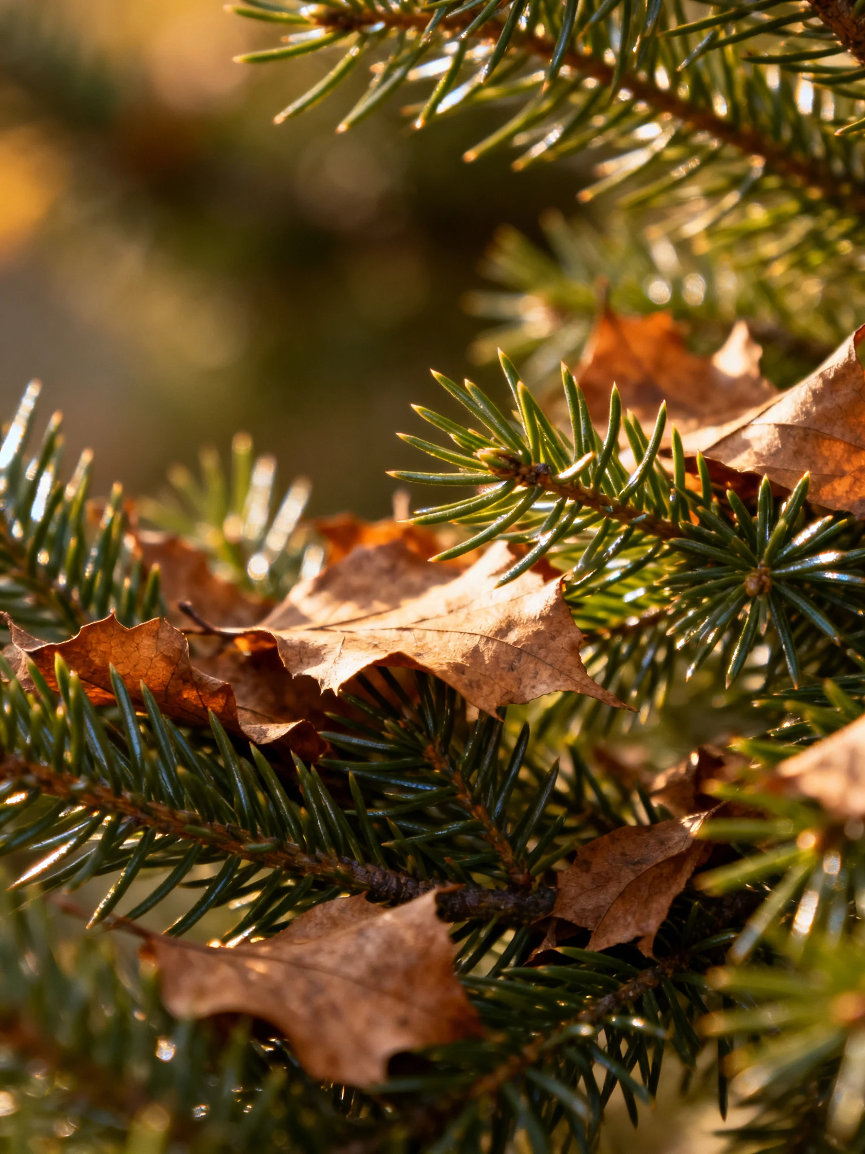 Green pine branches with dried brown maple leaves under warm sunlight