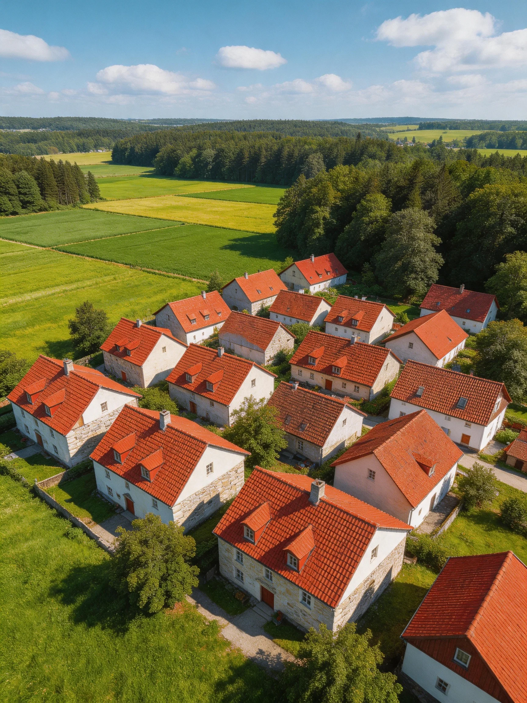 Group of red-roofed stone cottages near green fields and forests