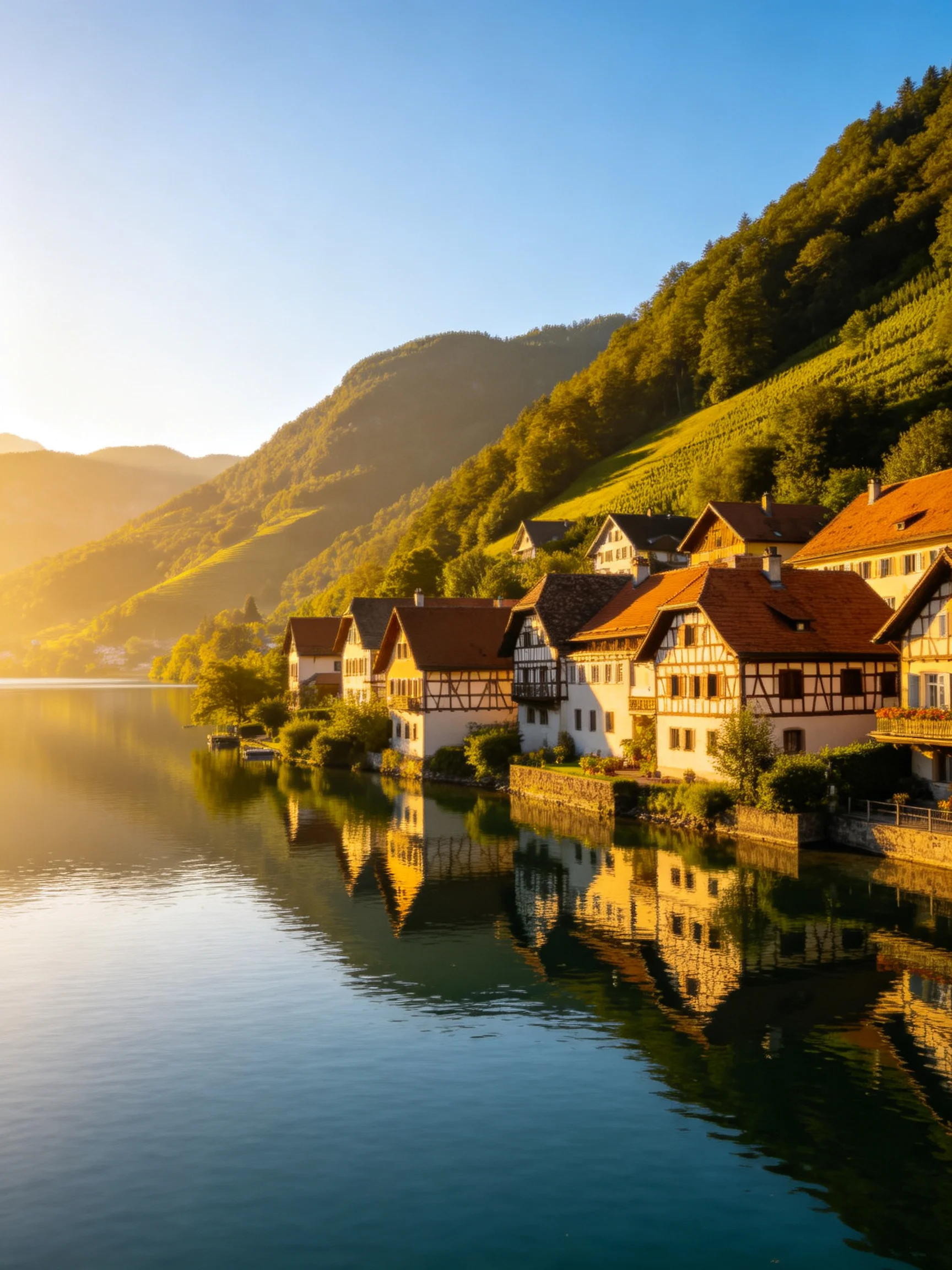 Half - timbered cottages sit along a calm lake reflecting golden mountain light