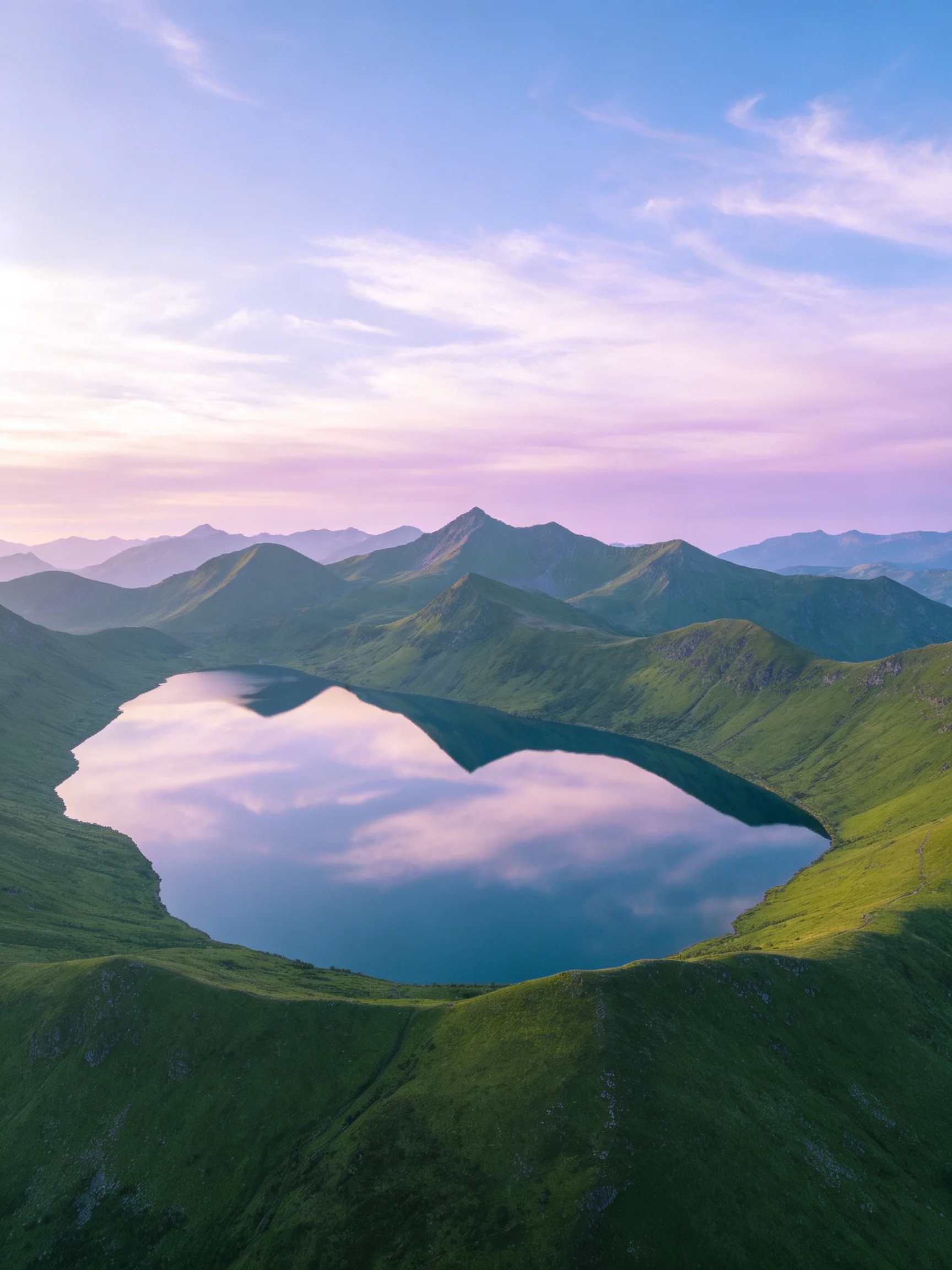 Heart - Shaped Lake Among Verdant Mountains Under Pastel Sky