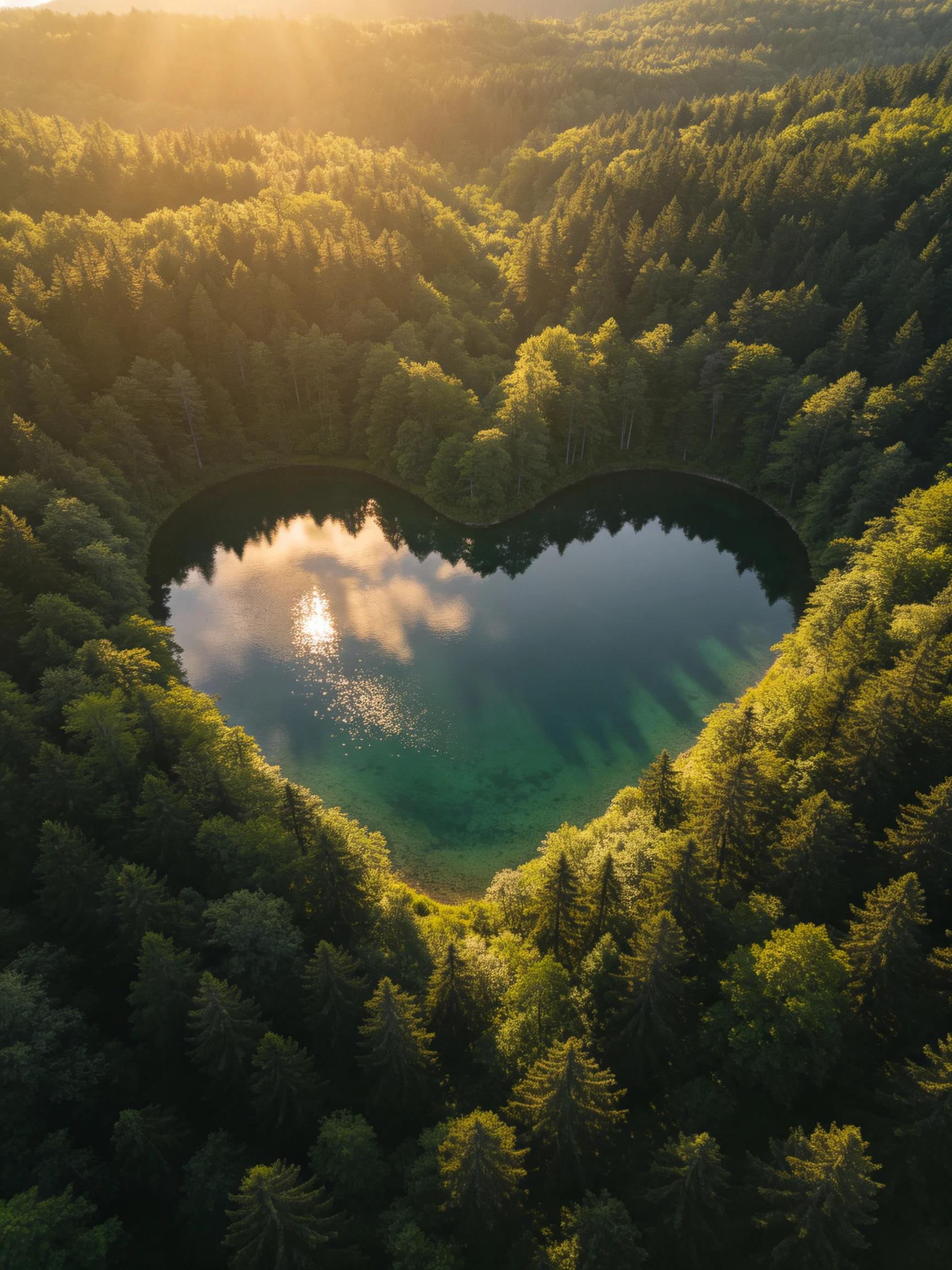 Heart - shaped turquoise lake in a forest with golden sunlight