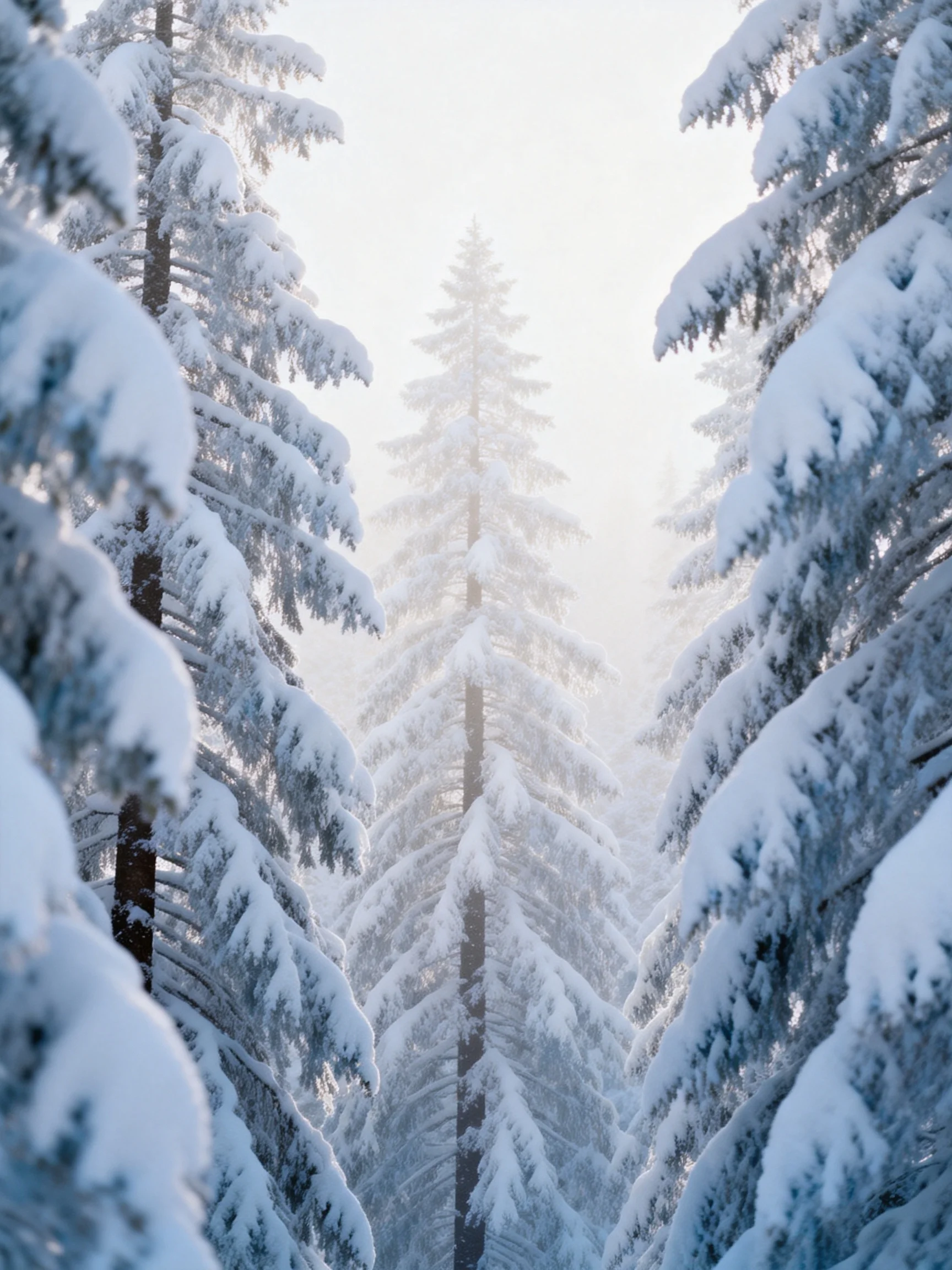 Heavily snow-covered evergreen trees form a misty winter forest scene.
