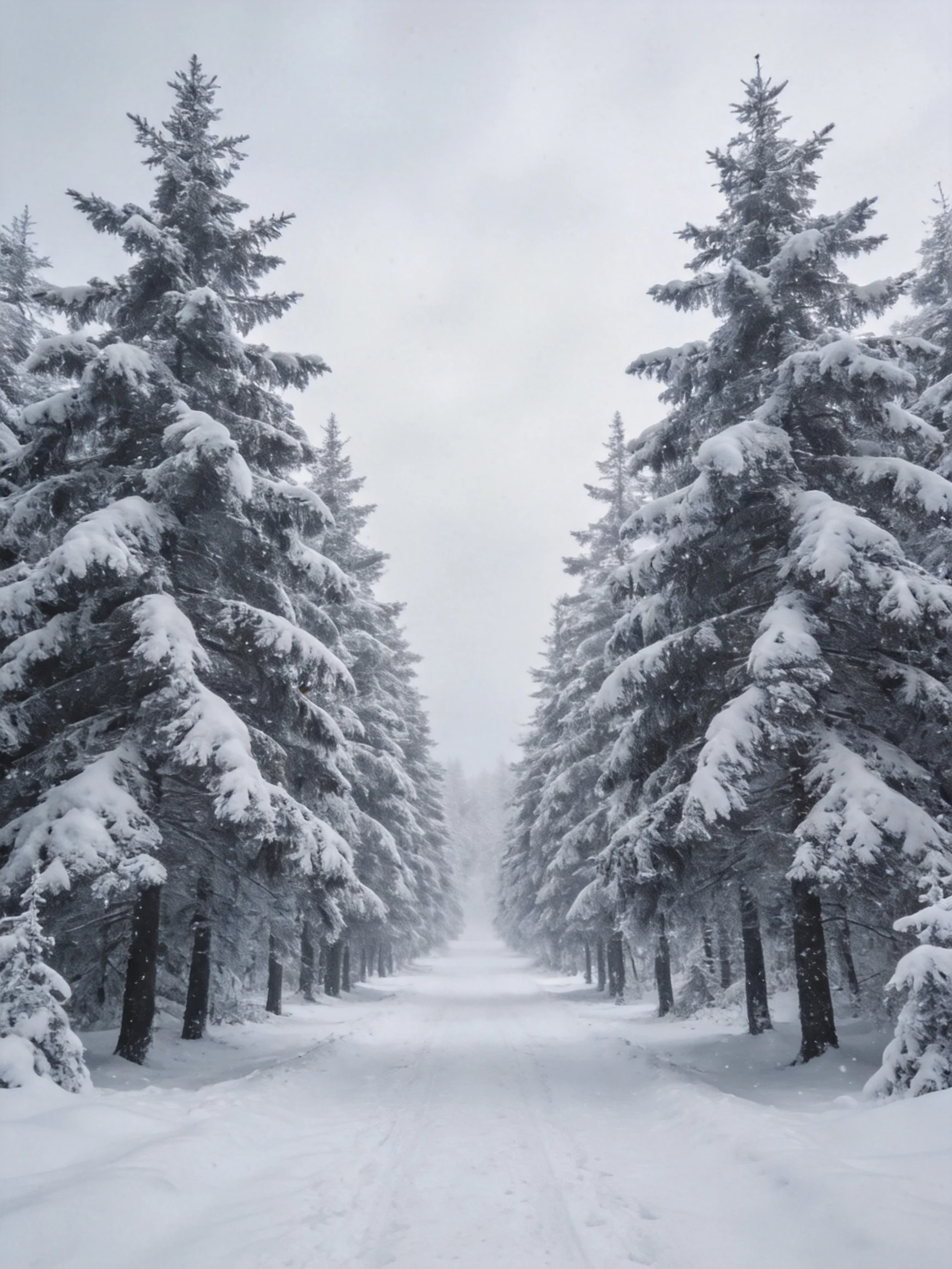 Heavily snow-laden evergreen trees form a symmetrical forest path