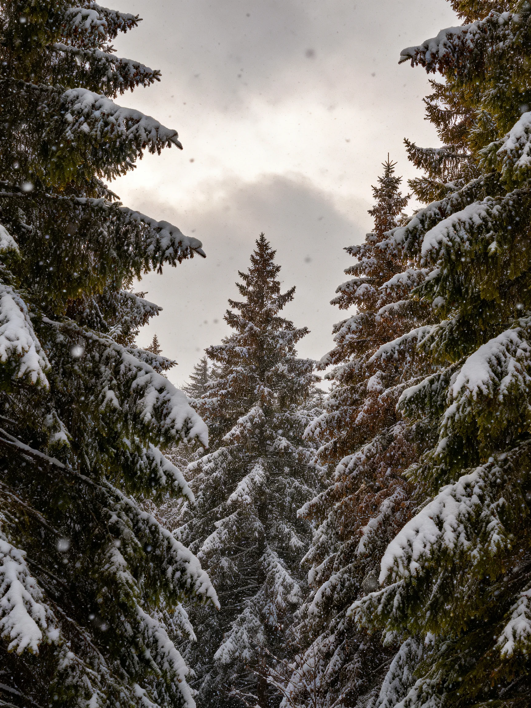 Heavy snow blankets tall evergreen trees in a wintry forest