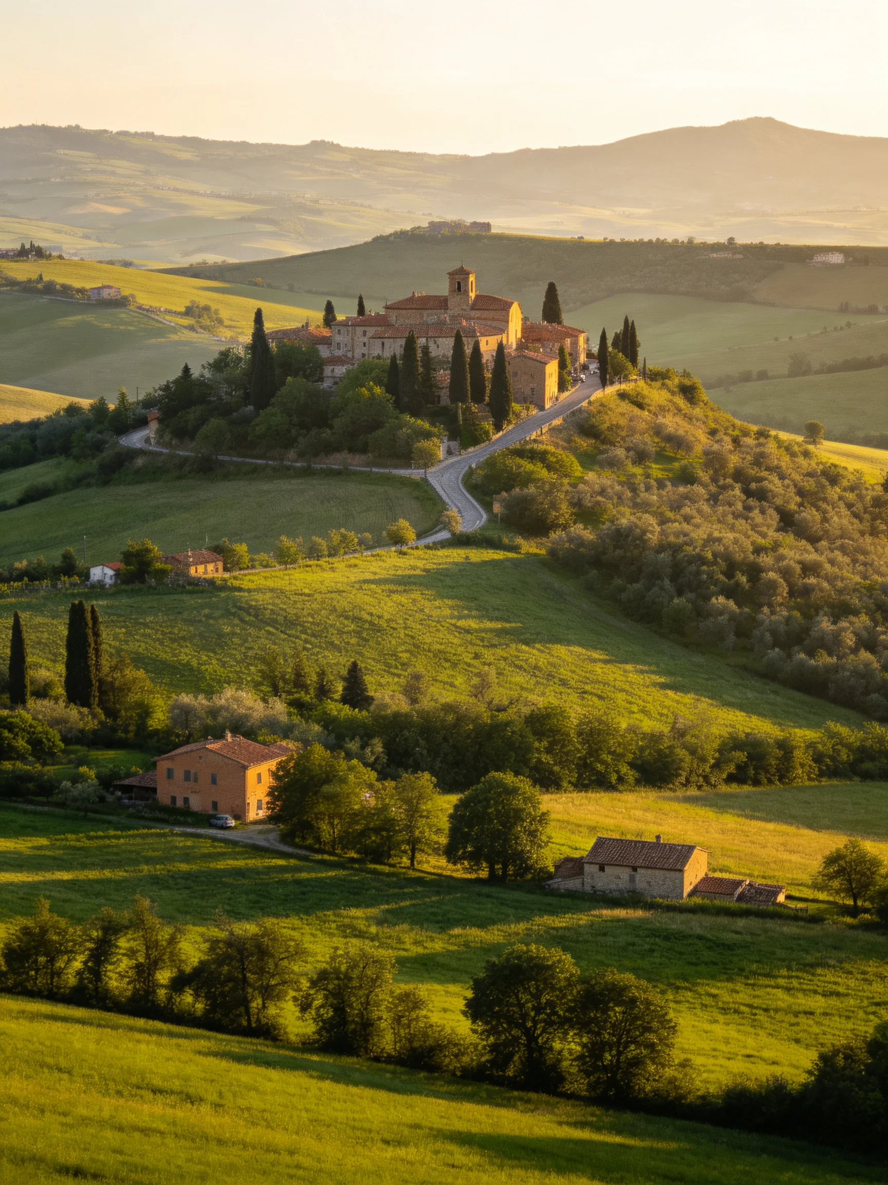 Historic Estate on Rolling Green Hills Under Golden Light