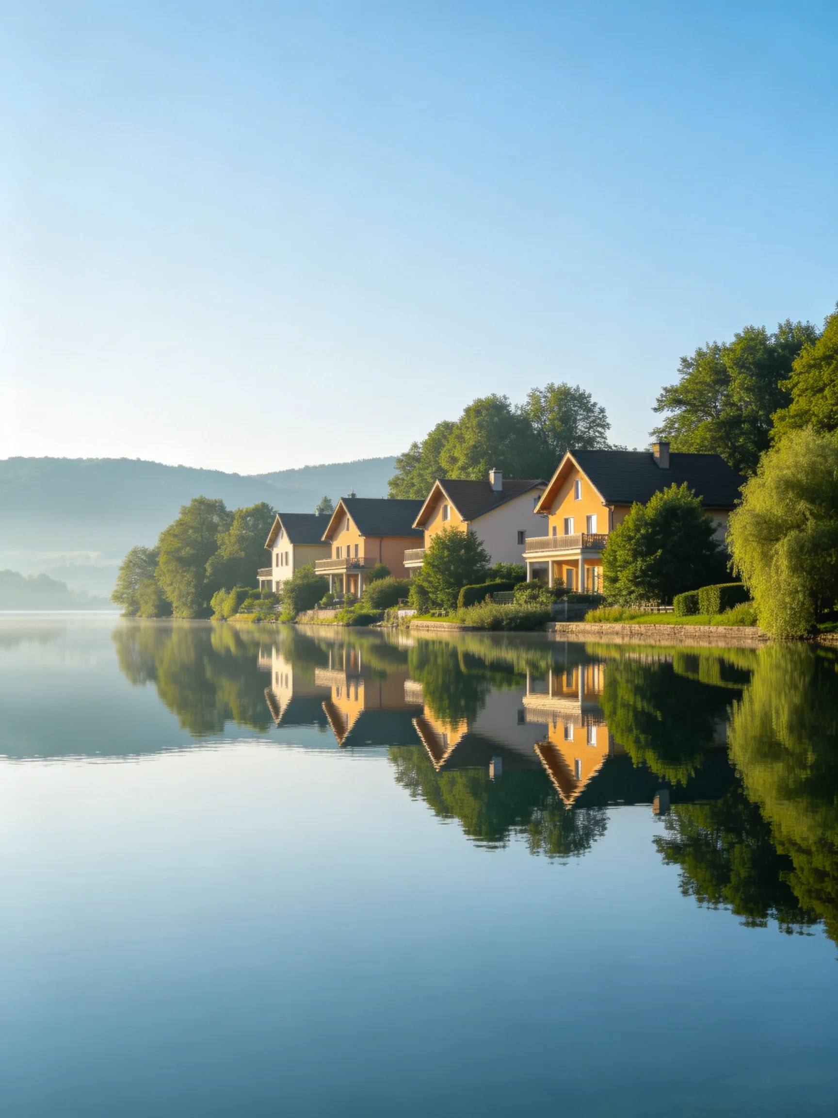 Houses reflect on a calm lake amid lush greenery