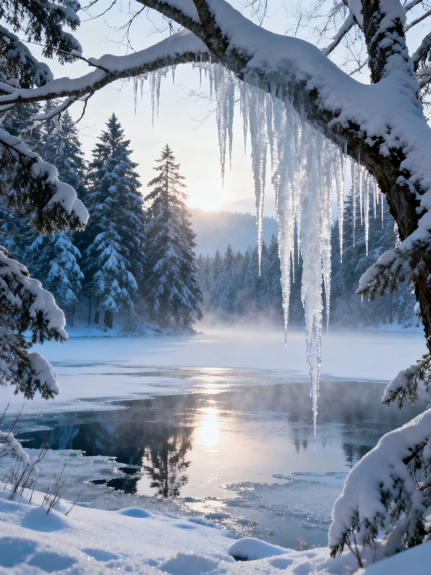 Icicles hang from snow-covered tree branches over a frozen lake