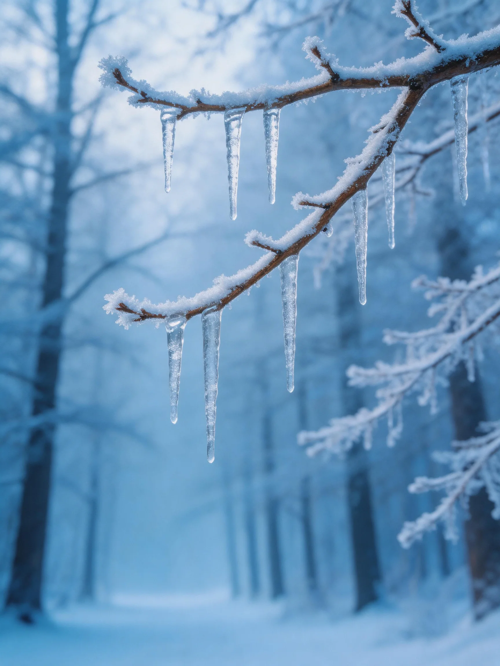 Icicles hang from snow-laden tree branches in a frosty blue forest