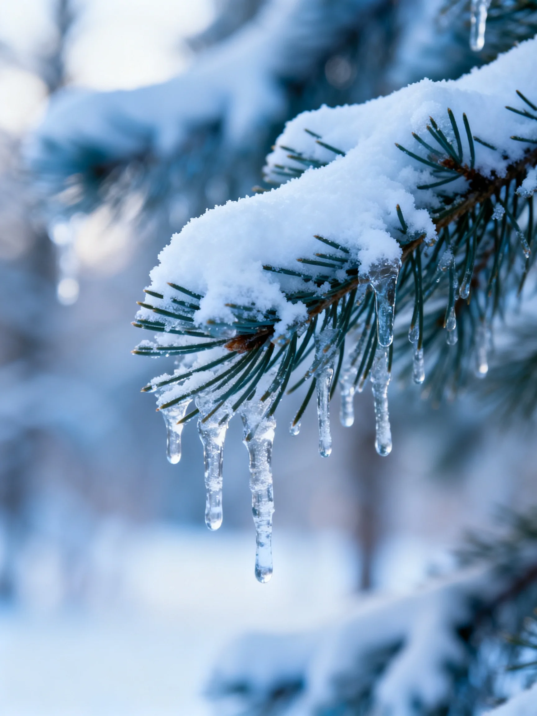 Icy Icicles Dangle from Snow-Covered Pine Branches