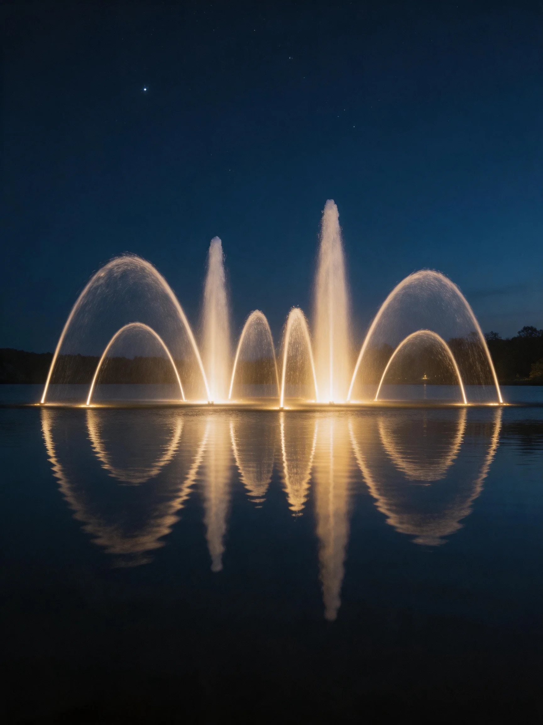 Illuminated fountain display reflecting on calm nighttime water