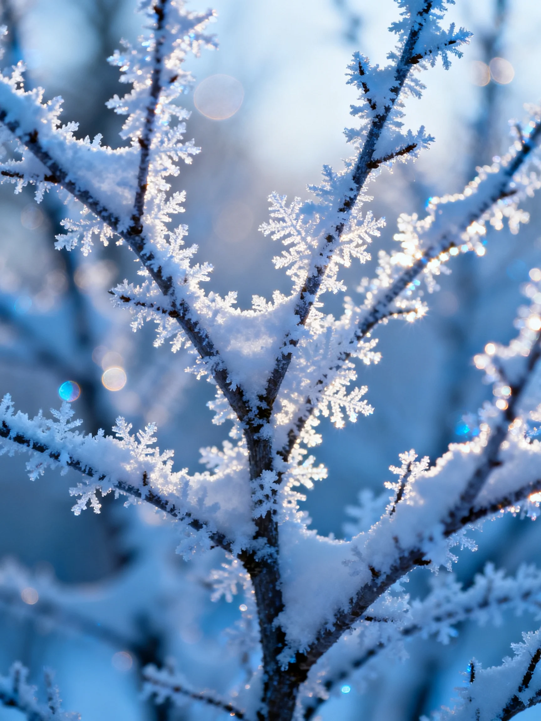 Intricate ice crystals coat frost-covered tree branches with soft blue lighting