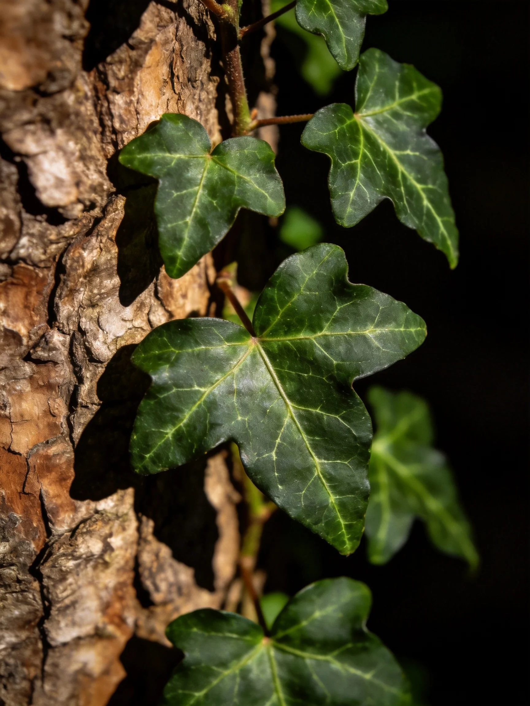 Ivy Leaves Clinging to a Rough-Barked Tree Trunk