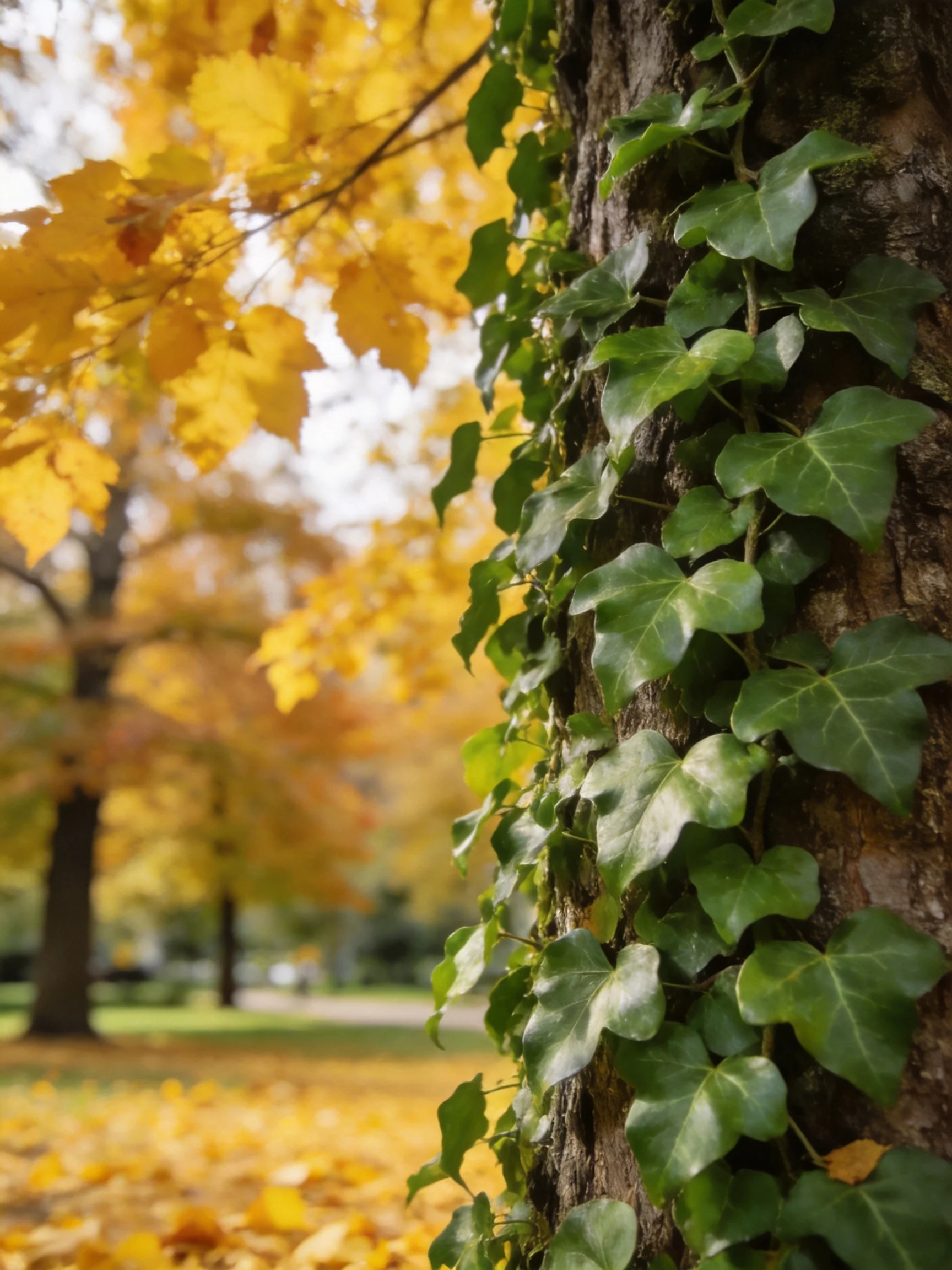 Ivy-covered trunk beside golden-leaved trees in autumn park