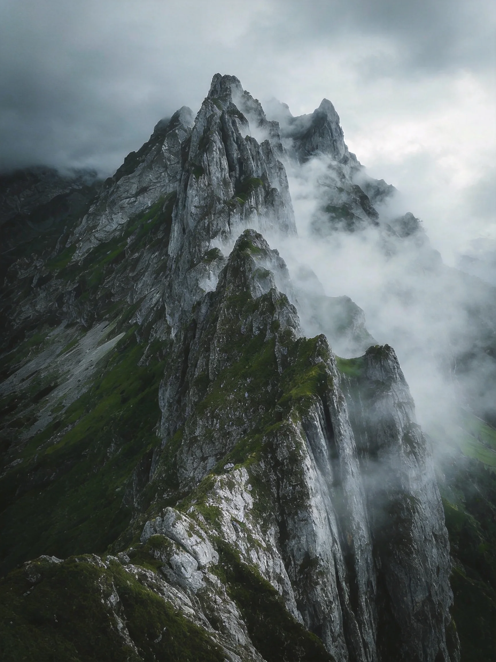 Jagged Gray Rocky Peaks Shrouded in Mist with Green Slopes